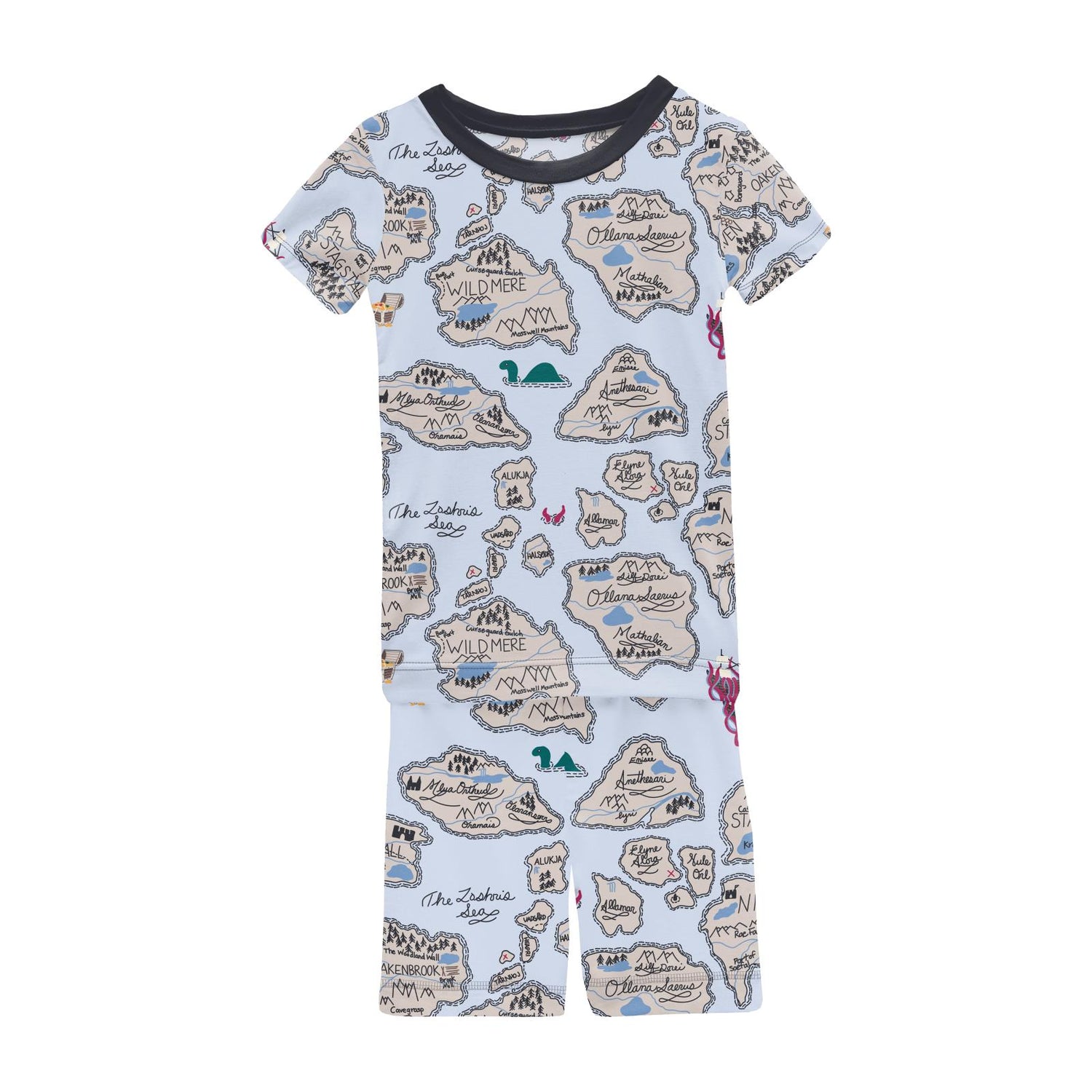 Print Short Sleeve Pajama Set with Shorts in Dew Pirate Map