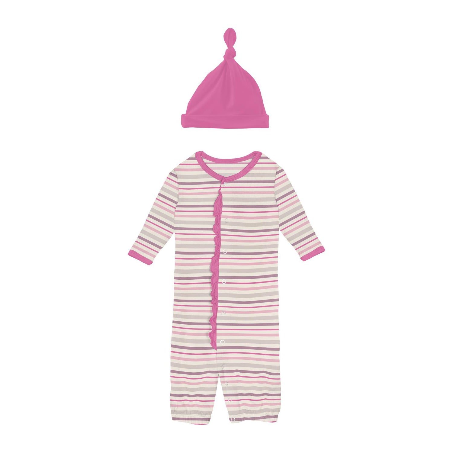 Print Ruffle Layette Gown Converter & Knot Hat Set in Whimsical Stripe