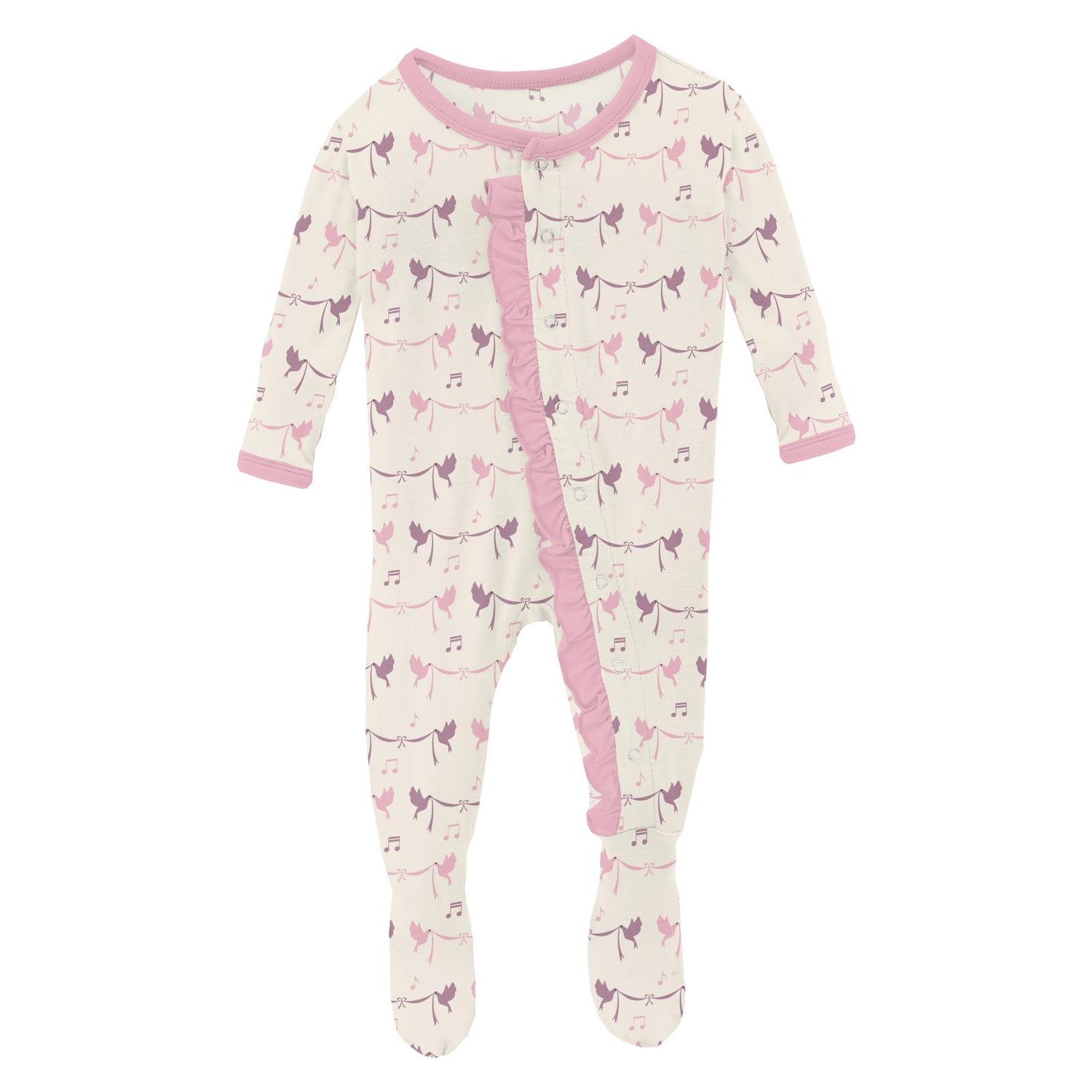 Print Classic Ruffle Footie with Snaps in Natural Bird Banner