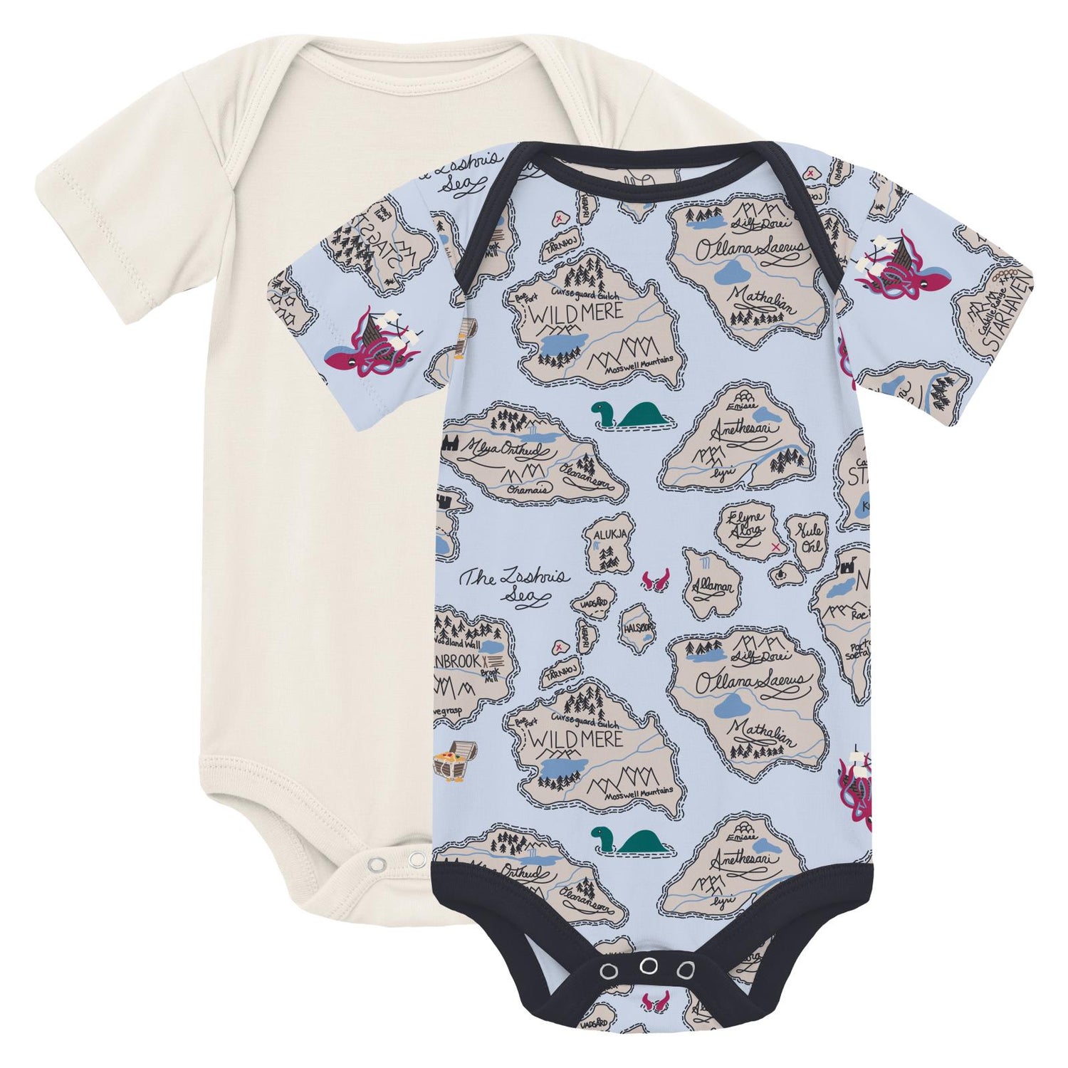 Print Short Sleeve One Piece Set of 2 in Natural & Dew Pirate Map