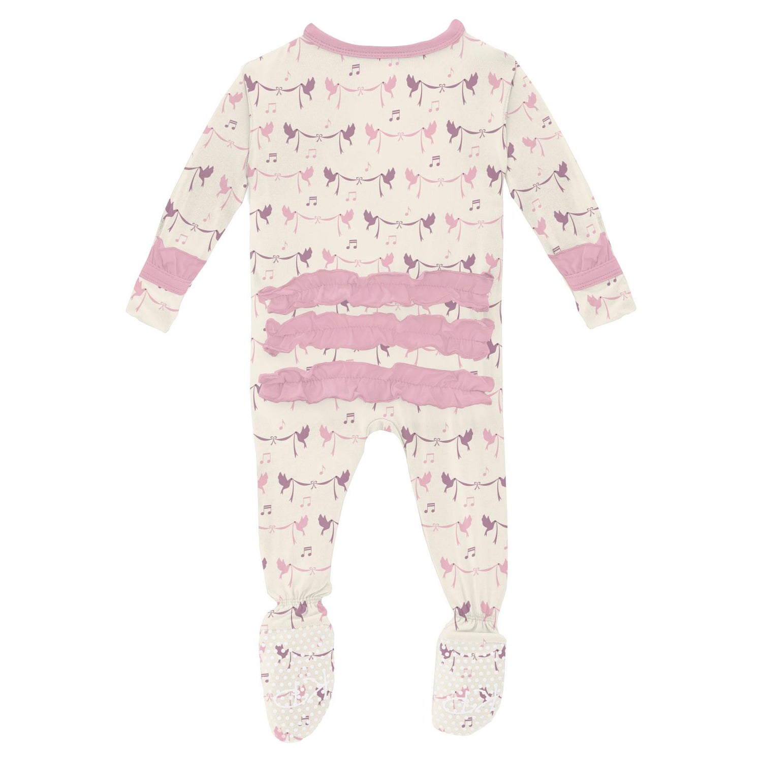 Print Classic Ruffle Footie with Snaps in Natural Bird Banner