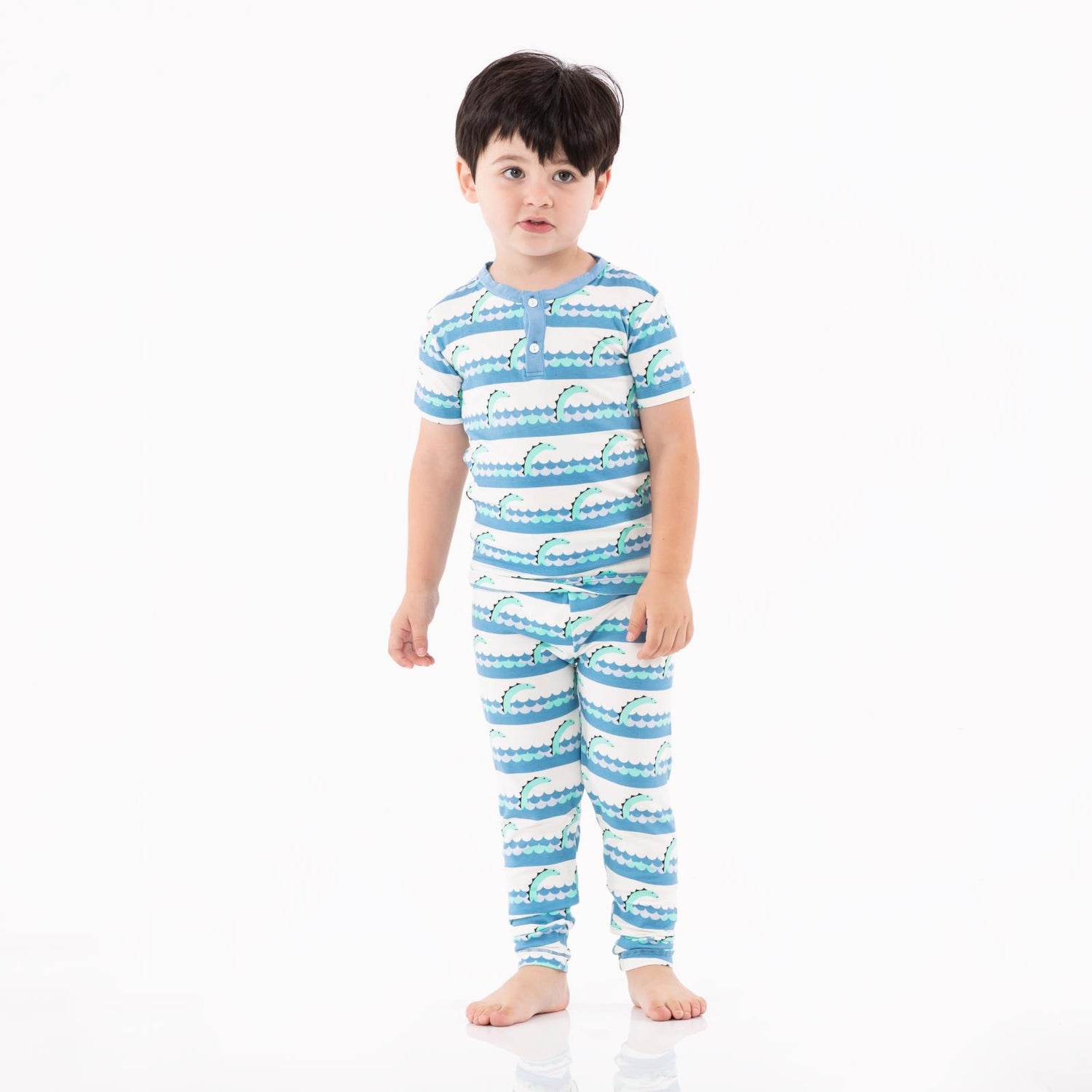 Print Short Sleeve Henley Pajama Set in Natural Sea Monster