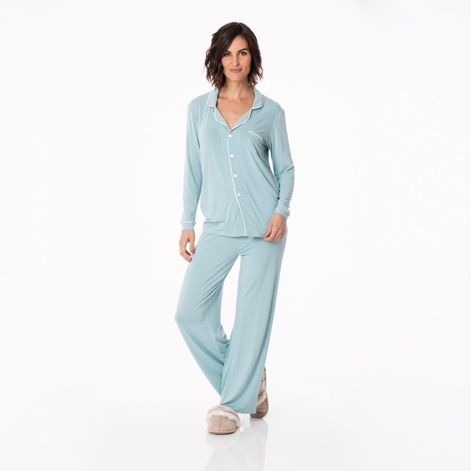 Women's Solid Long Sleeved Collared Pajama Set in Jade with Natural