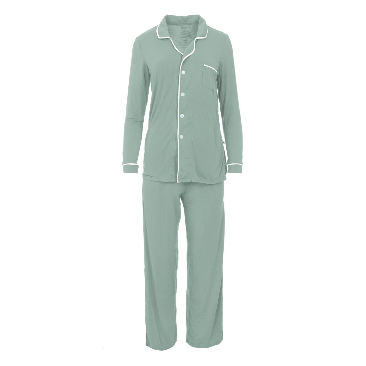 Women's Solid Long Sleeved Collared Pajama Set in Jade with Natural