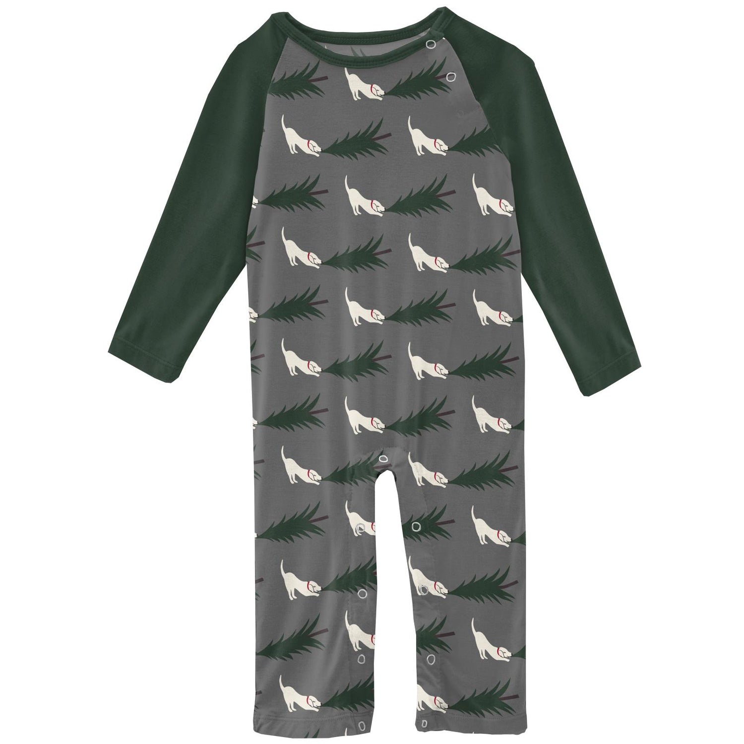 Print Long Sleeve Raglan Romper in Pewter Christmas Tree Drag