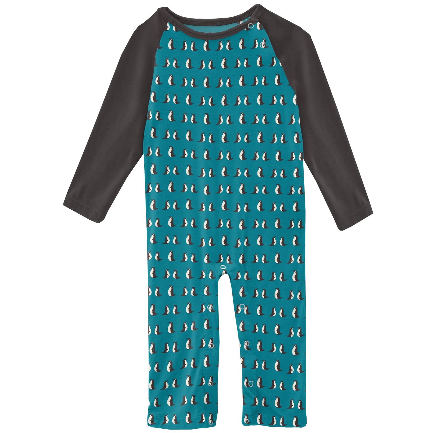 Print Long Sleeve Raglan Romper in Bay Penguins