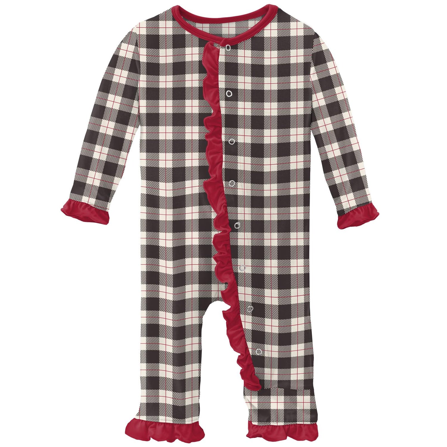 Print Classic Ruffle Coverall with Snaps in Midnight Holiday Plaid