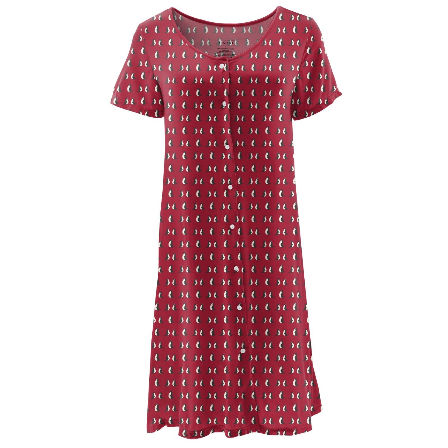 Print Nursing Nightgown in Crimson Penguins