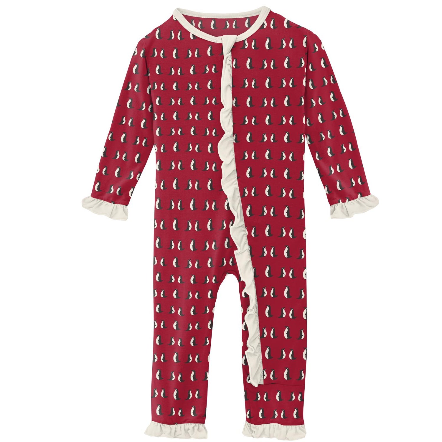 Print Classic Ruffle Coverall with Zipper in Crimson Penguins