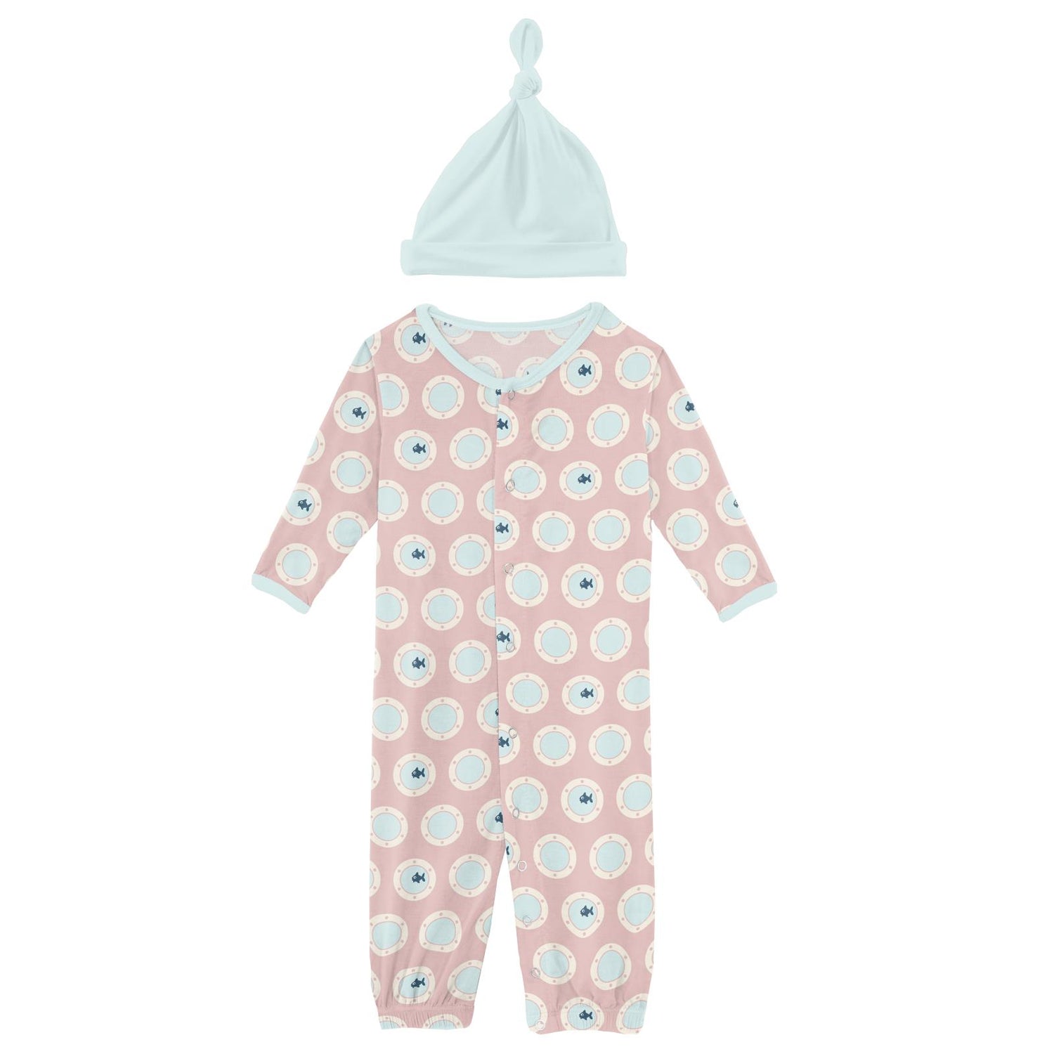 Print Layette Gown Converter & Single Knot Hat Set in Baby Rose Porthole