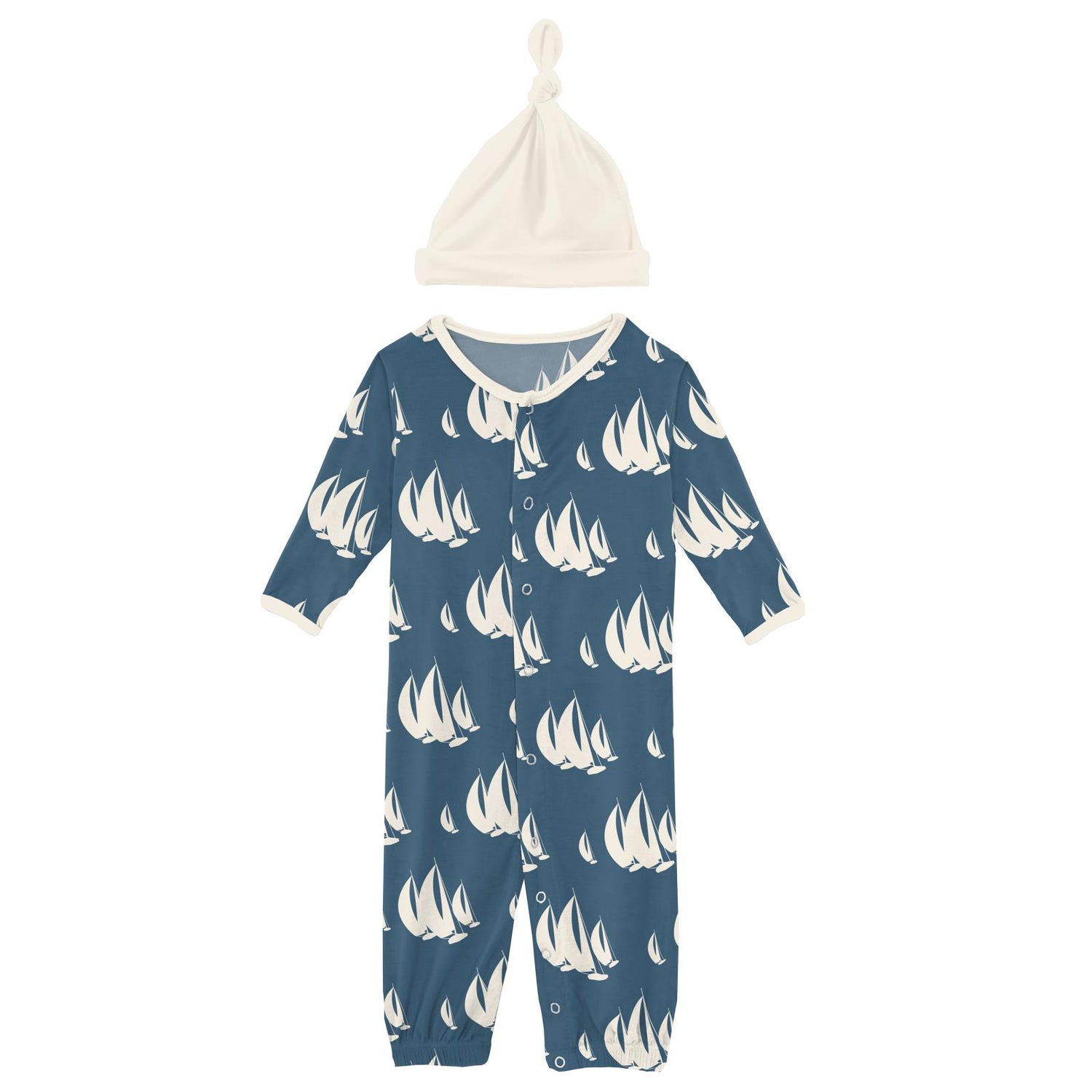 Print Layette Gown Converter & Single Knot Hat Set in Deep Sea Sailboat Race