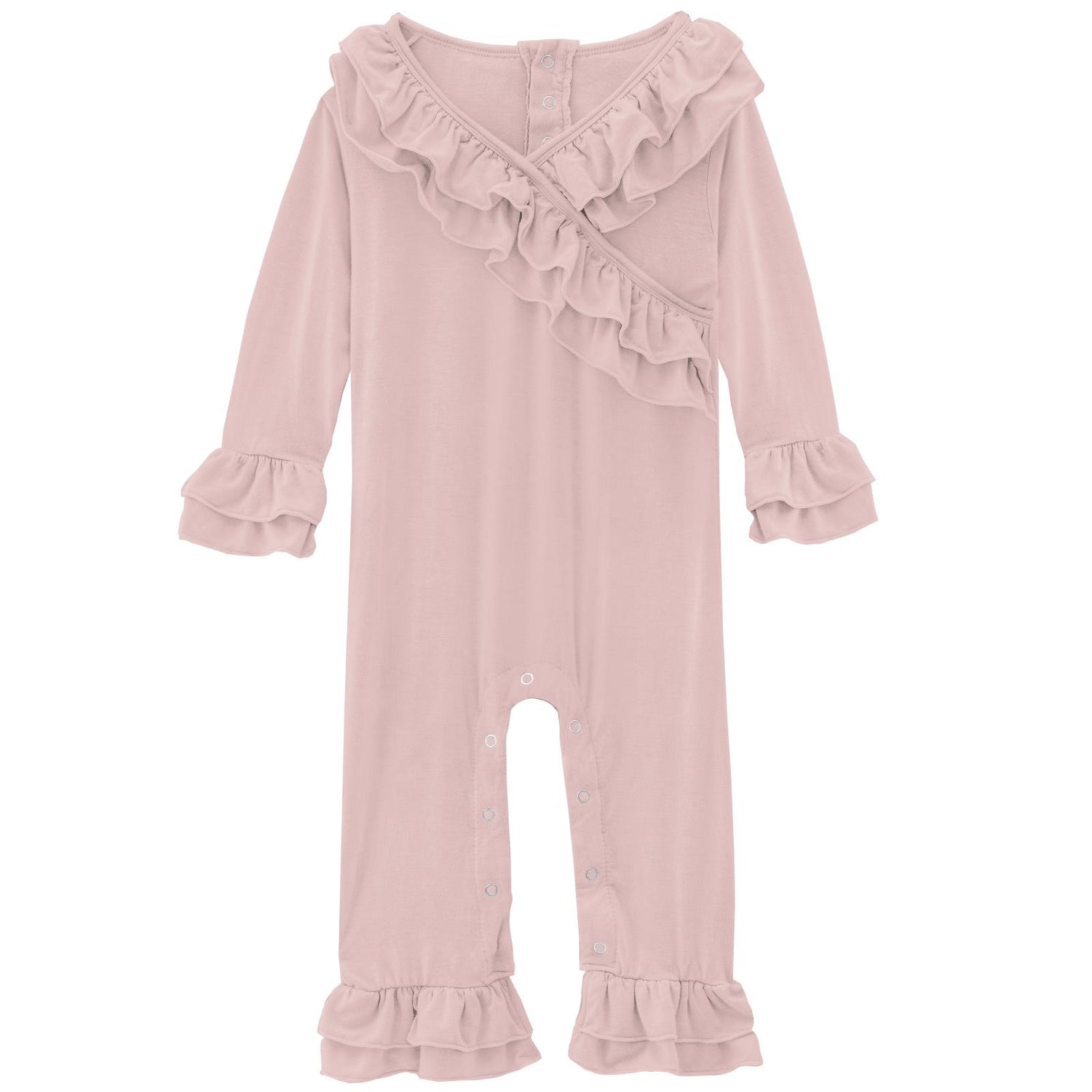 Long Sleeve Kimono Double Ruffle Romper in Baby Rose