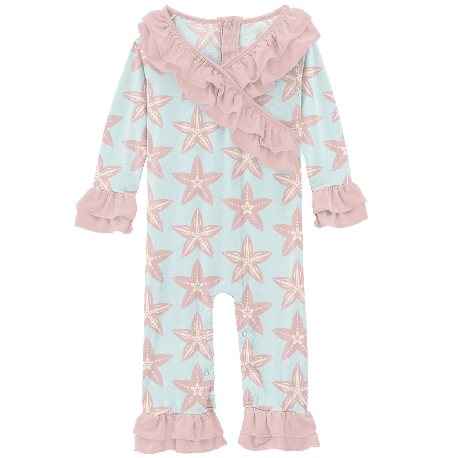 Print Long Sleeve Kimono Double Ruffle Romper in Fresh Air Fancy Starfish