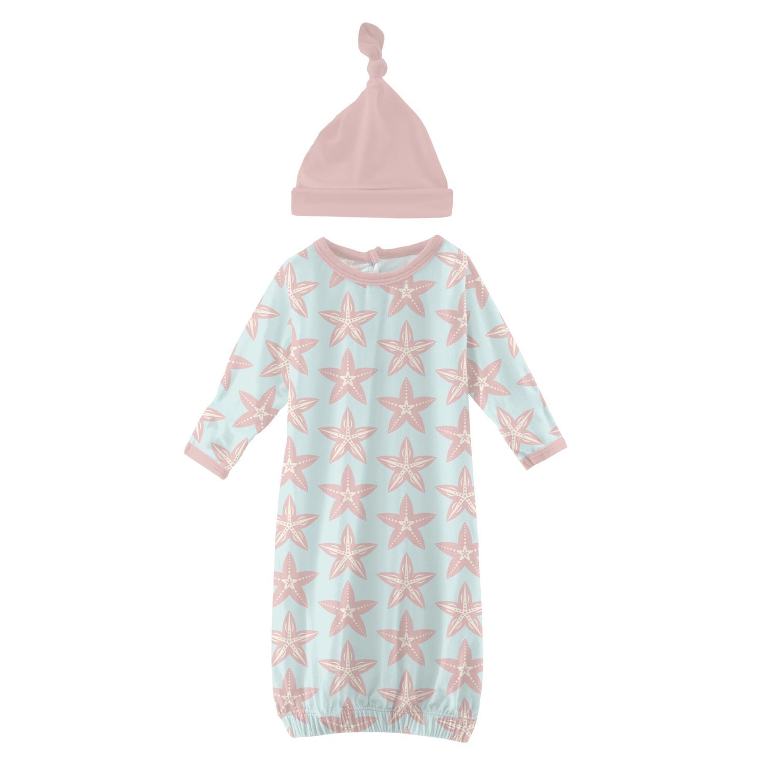 Print Layette Gown & Single Knot Hat Set in Fresh Air Fancy Starfish