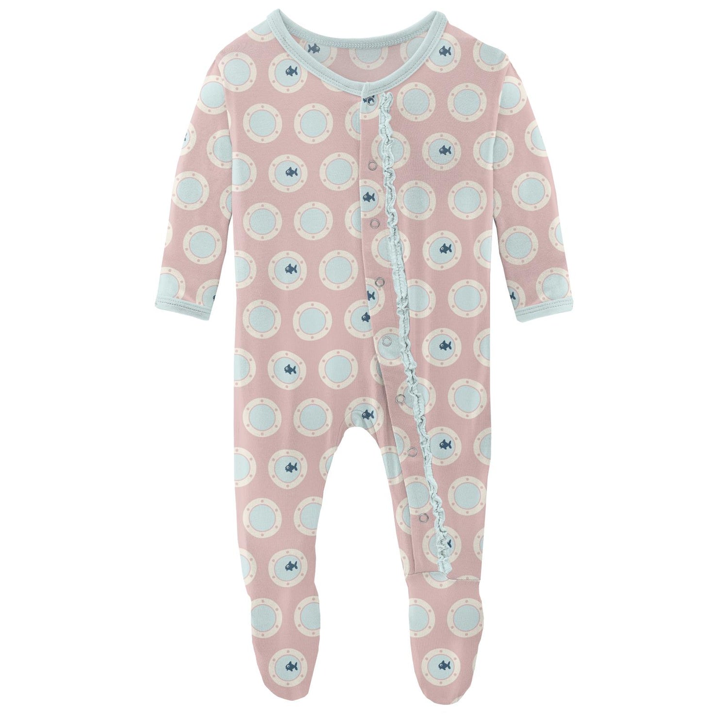 Print Muffin Ruffle Footie with Snaps in Baby Rose Porthole