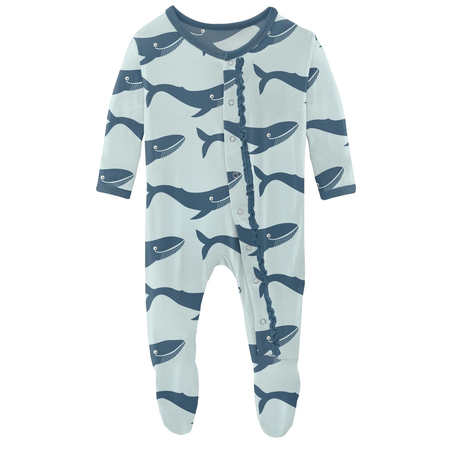 Print Muffin Ruffle Footie with Snaps in Fresh Air Blue Whales