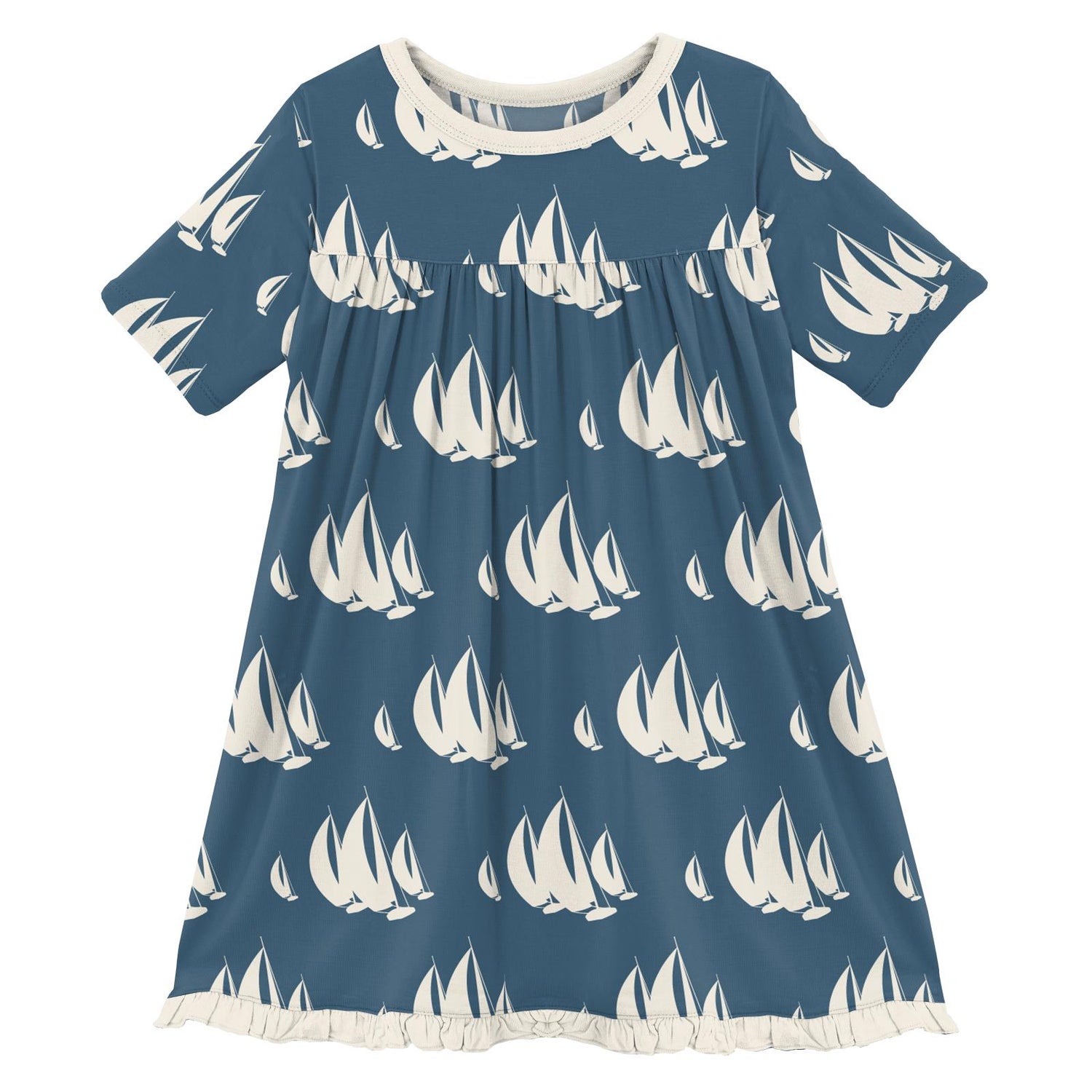 Print Classic Short Sleeve Swing Dress in Deep Sea Sailboat Race