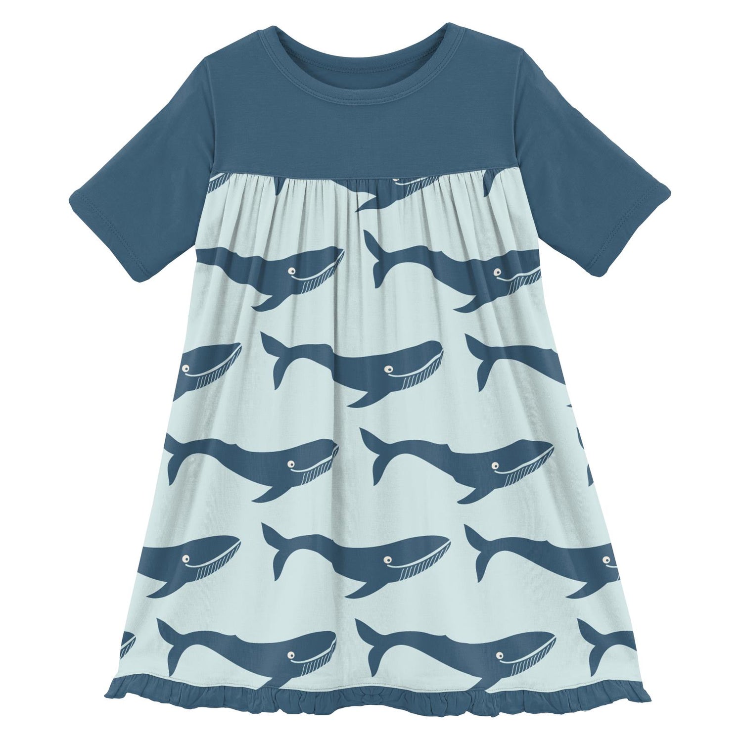 Print Classic Short Sleeve Swing Dress in Fresh Air Blue Whales