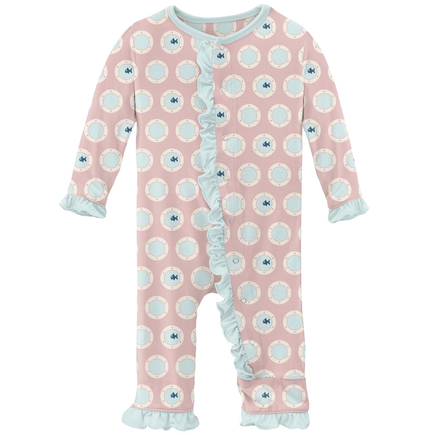 Print Classic Ruffle Coverall with Snaps in Baby Rose Porthole