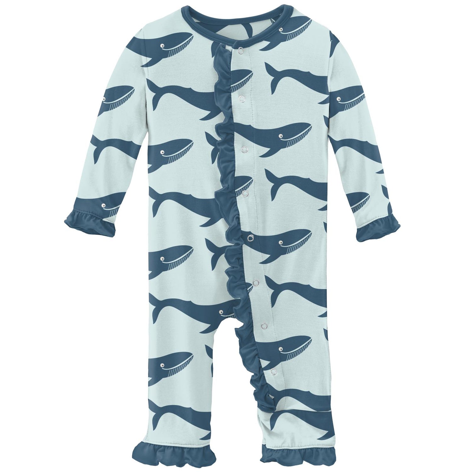 Print Classic Ruffle Coverall with Snaps in Fresh Air Blue Whales