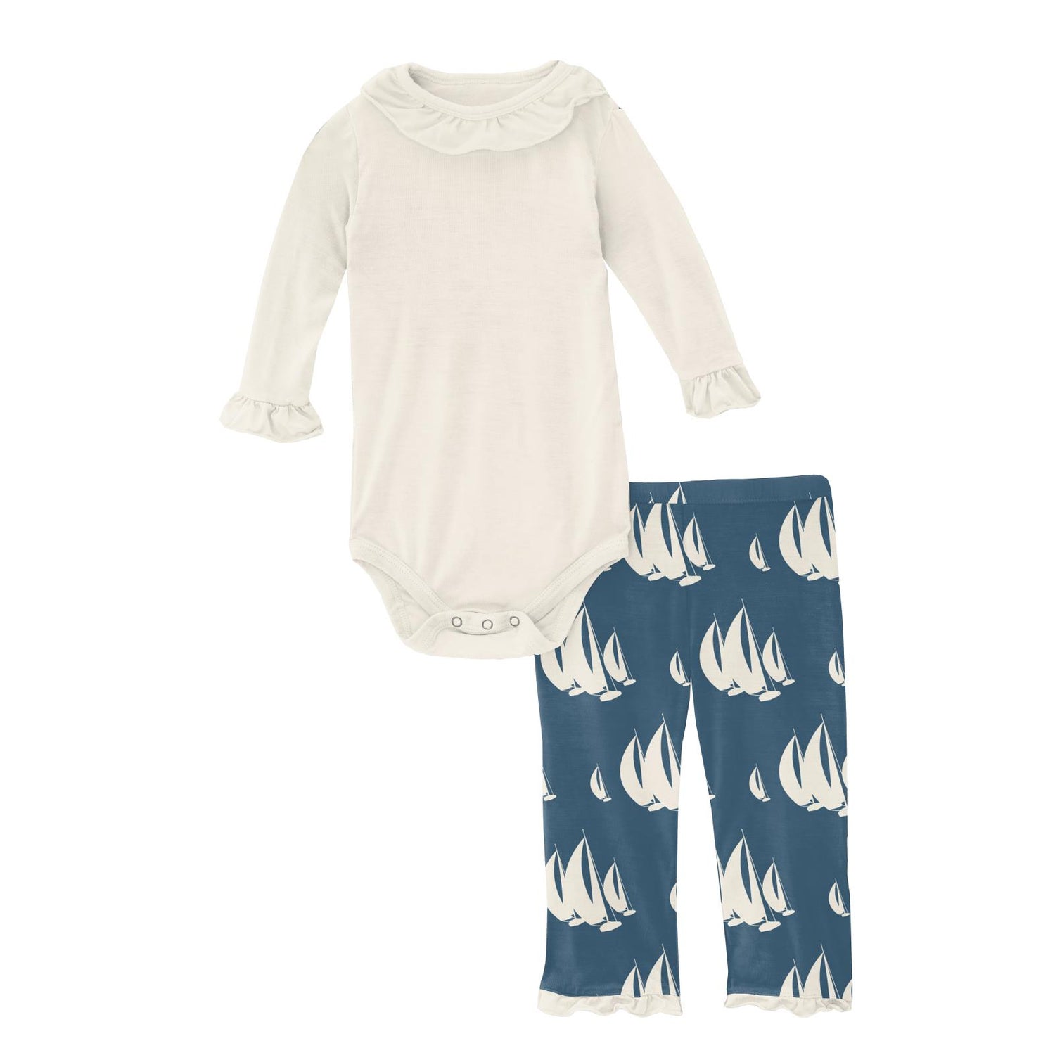 Print Long Sleeve Ruffle-Neck One Piece and Ruffle Pant Outfit Set in Deep Sea Sailboat Race