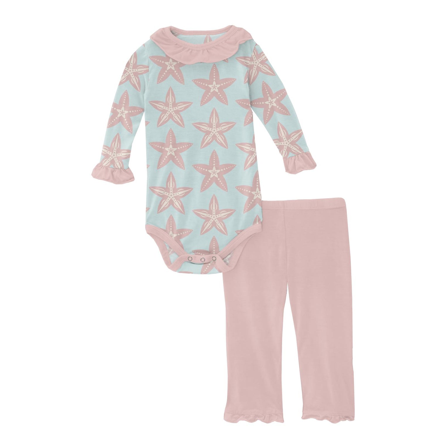 Print Long Sleeve Ruffle-Neck One Piece and Ruffle Pant Outfit Set in Fresh Air Fancy Starfish