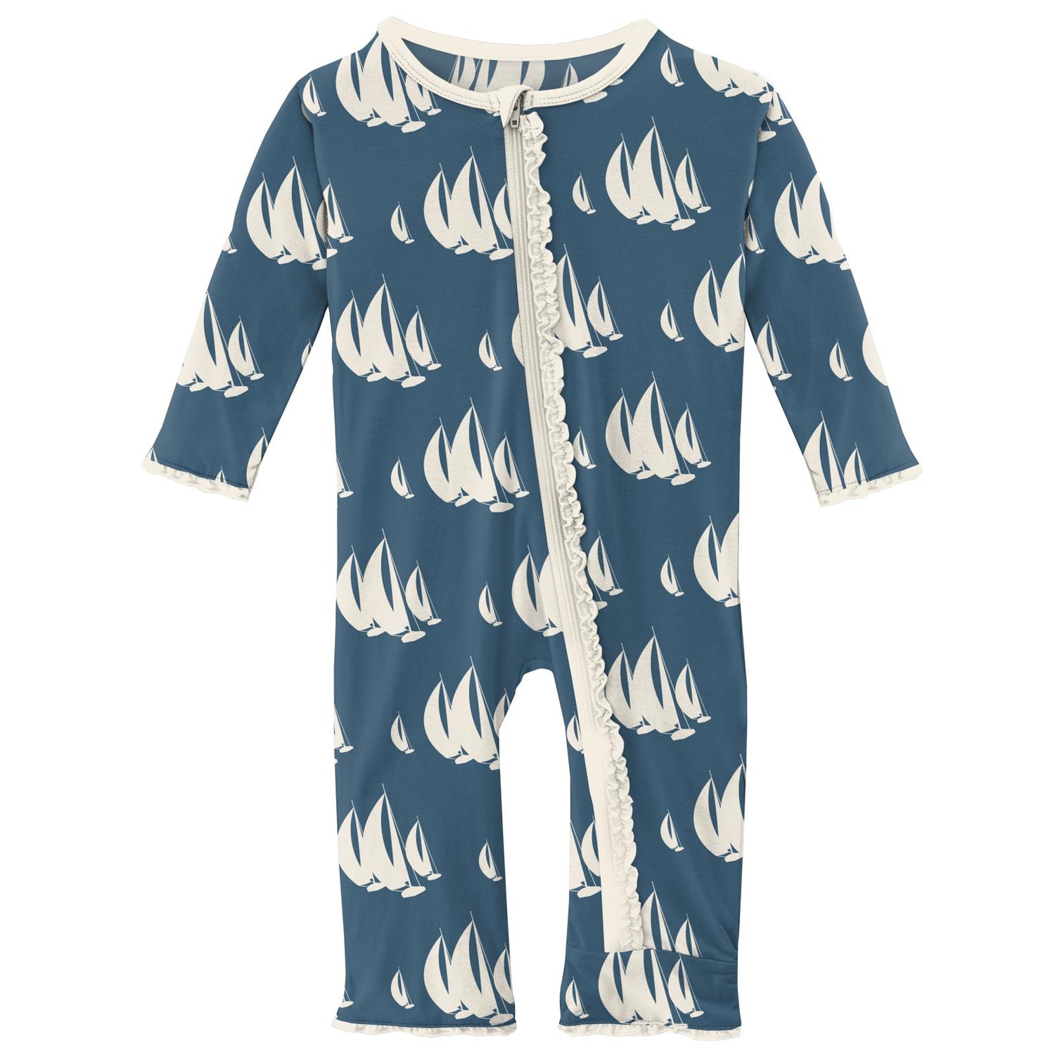 Print Muffin Ruffle Coverall with Zipper in Deep Sea Sailboat Race