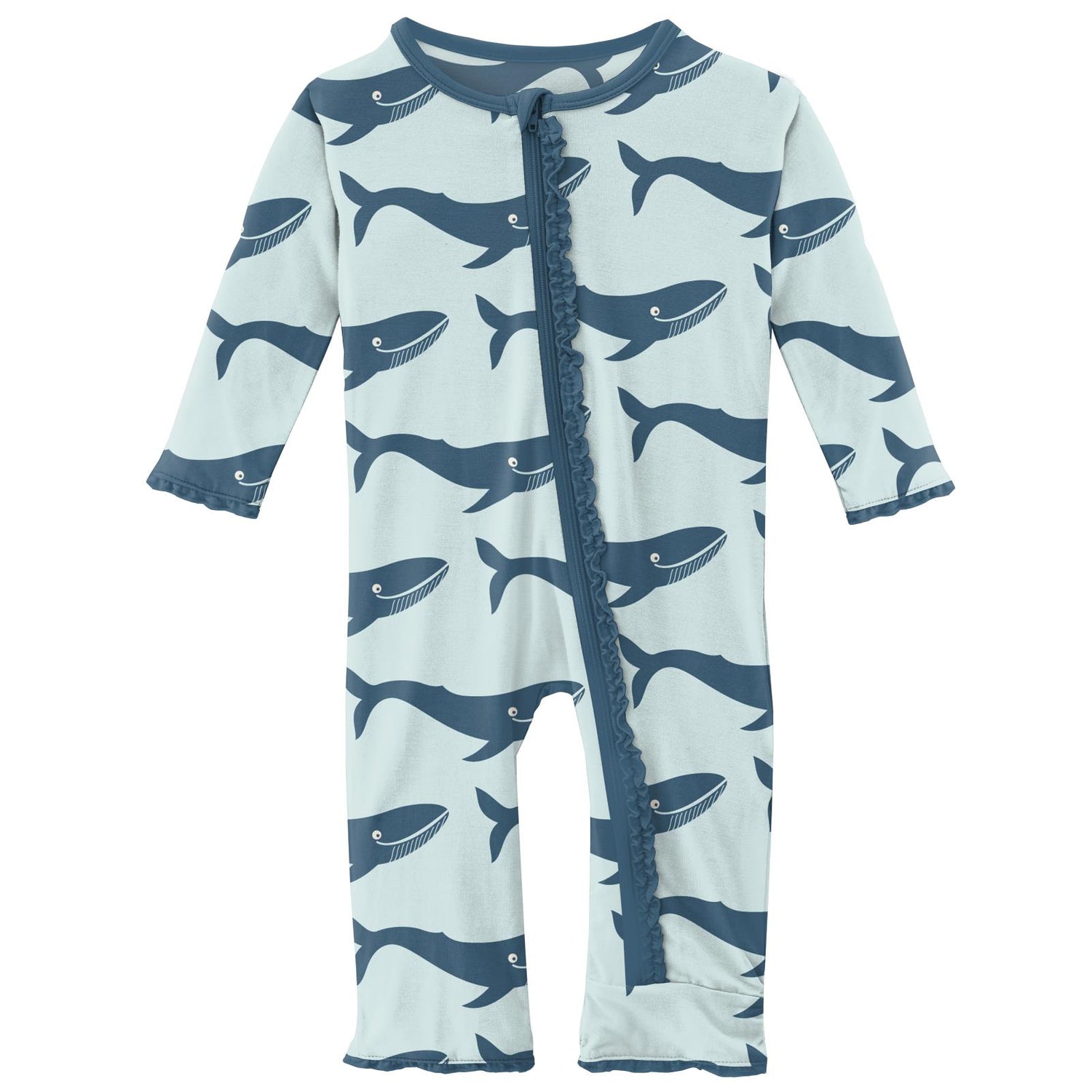 Print Muffin Ruffle Coverall with Zipper in Fresh Air Blue Whales