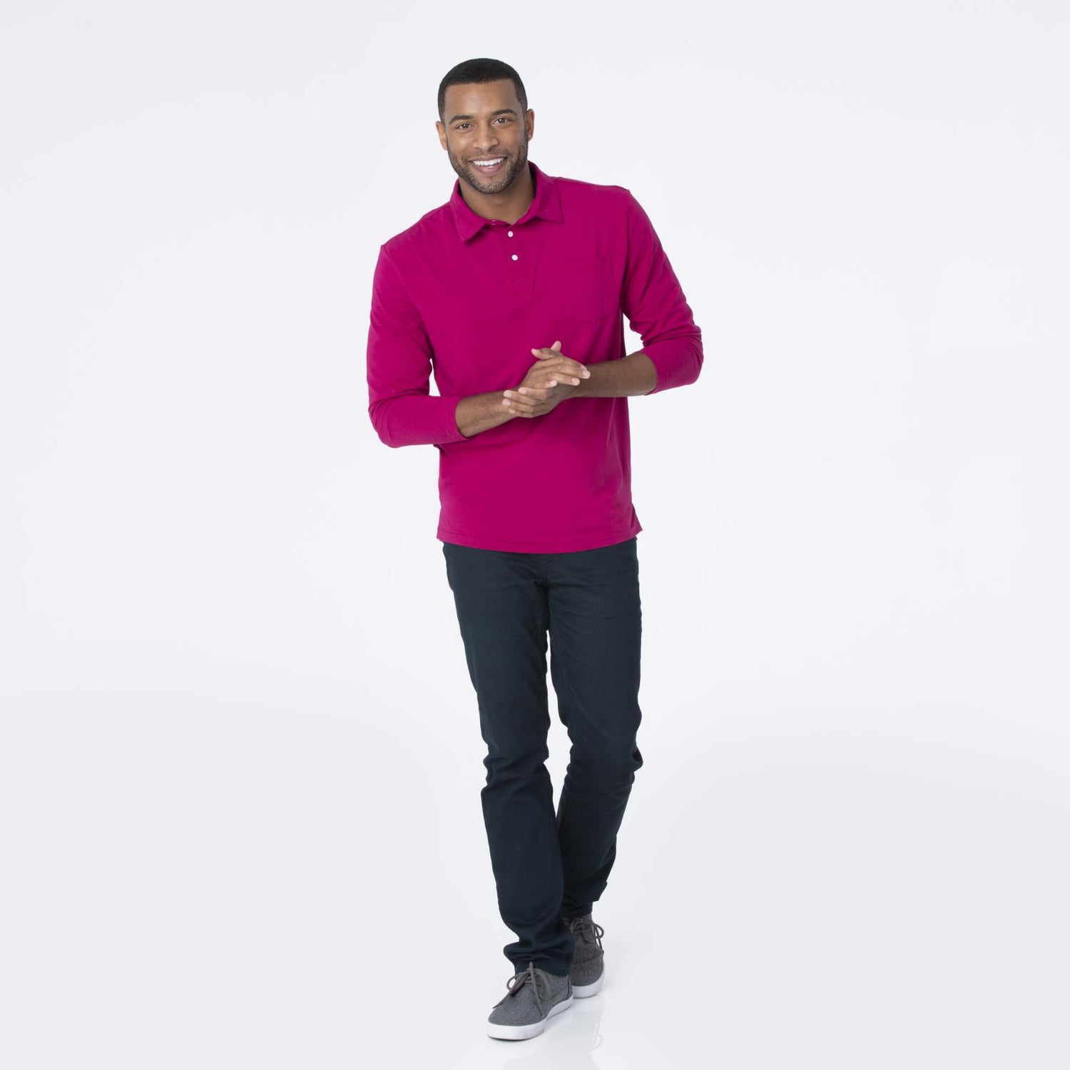 Men's Long Sleeve Luxe Jersey Polo in Dragonfruit