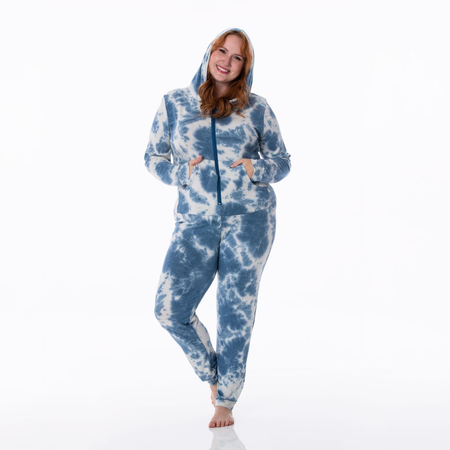 Women's Print Long Sleeve Jumpsuit with Hood in Deep Sea Tie Dye