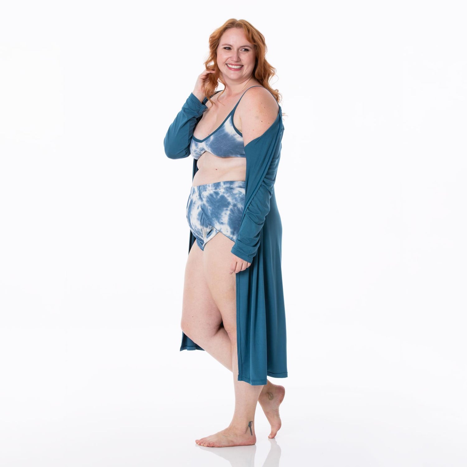 Women's Print Sleeping Bra, Tulip Shorts and Duster Robe Set in Deep Sea Tie Dye