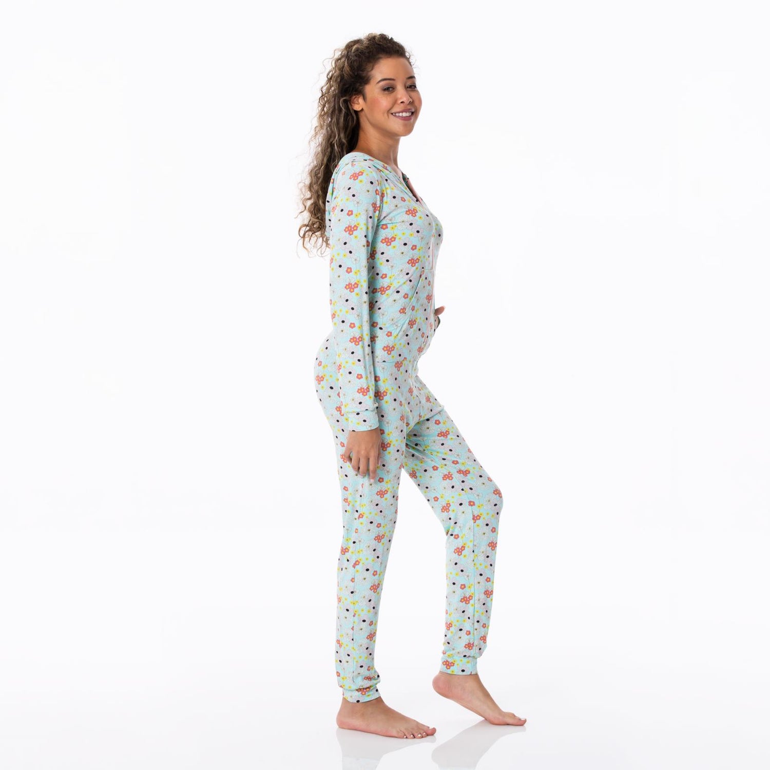 Women's Print Long Sleeve Jumpsuit with Hood in Summer Sky Flower Power