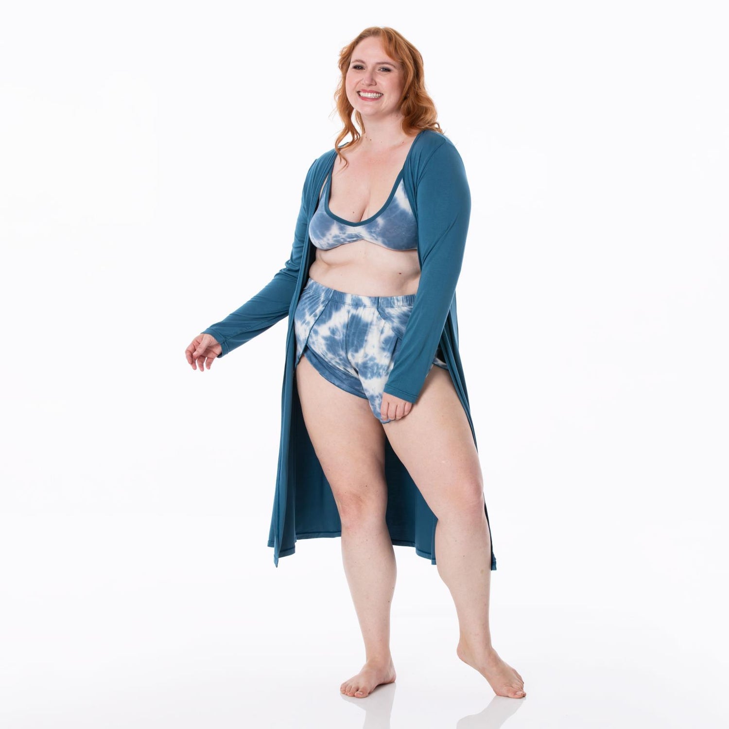 Women's Print Sleeping Bra, Tulip Shorts and Duster Robe Set in Deep Sea Tie Dye