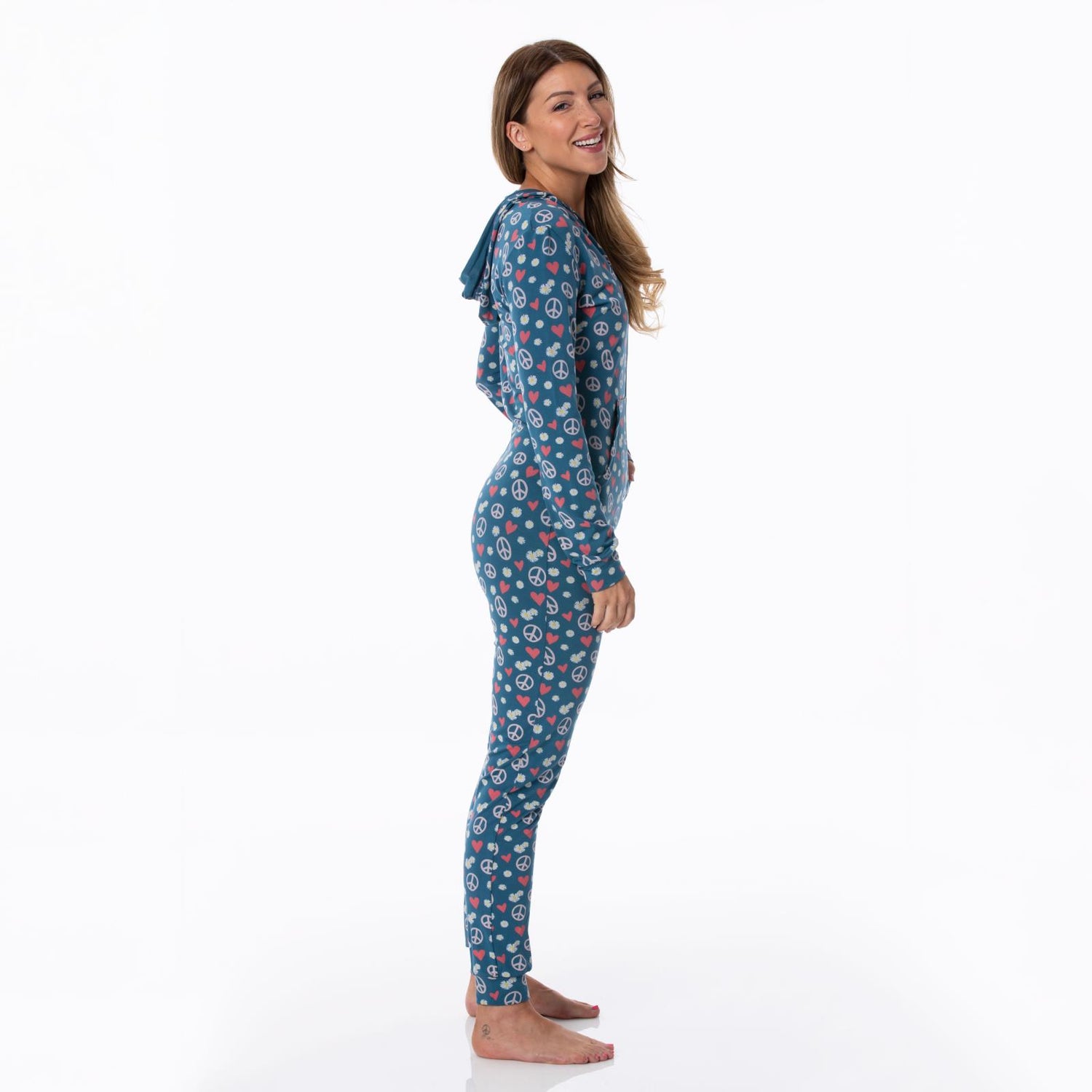 Women's Print Long Sleeve Jumpsuit with Hood in Peace, Love and Happiness