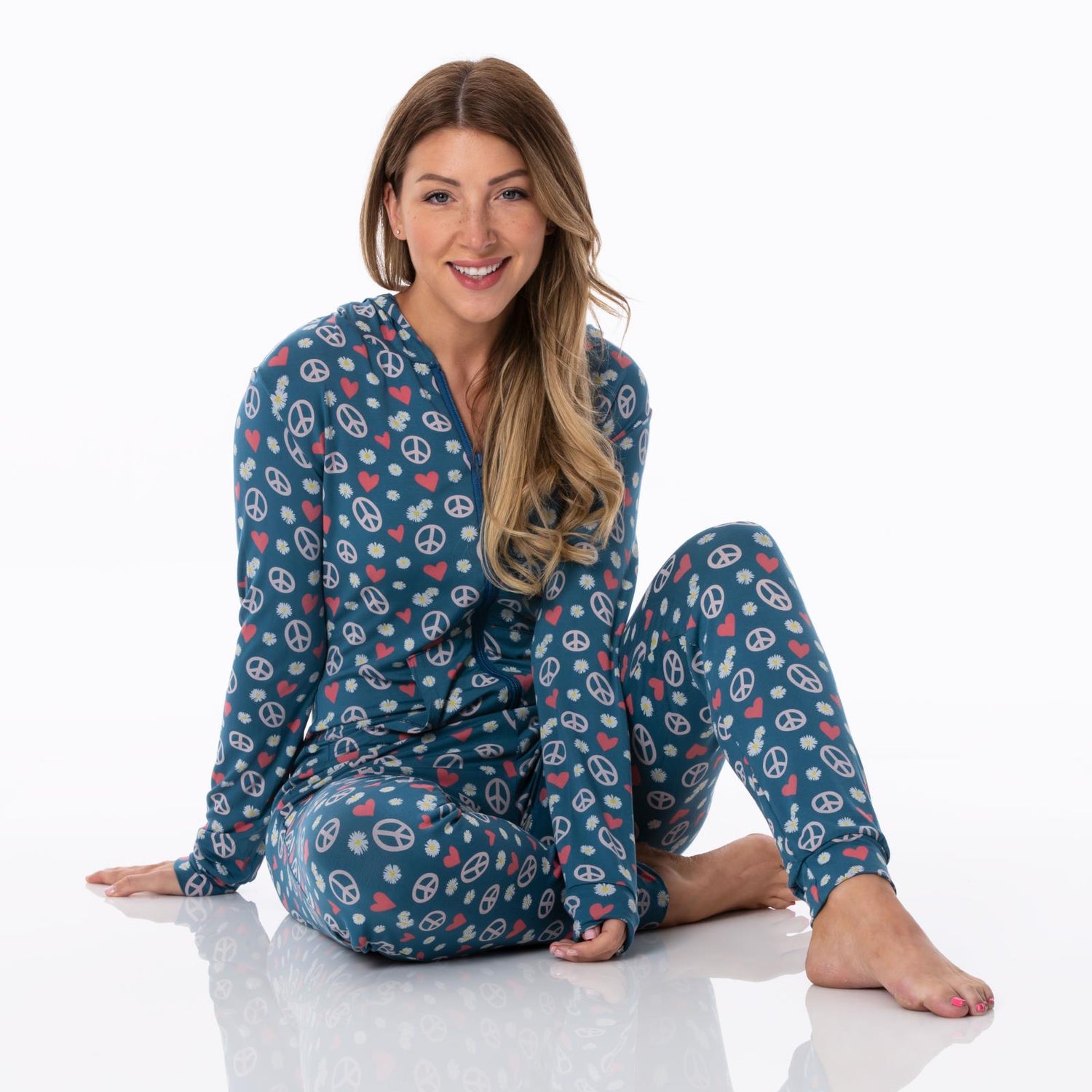 Women's Print Long Sleeve Jumpsuit with Hood in Peace, Love and Happiness