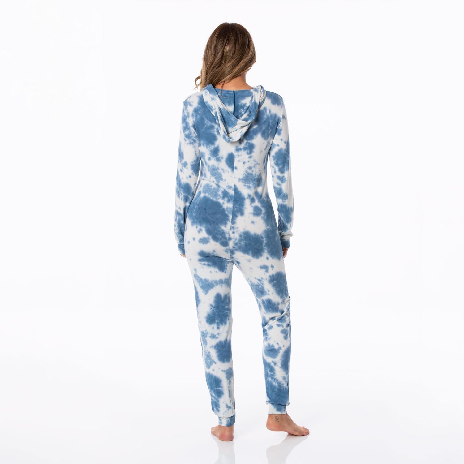 Women's Print Long Sleeve Jumpsuit with Hood in Deep Sea Tie Dye