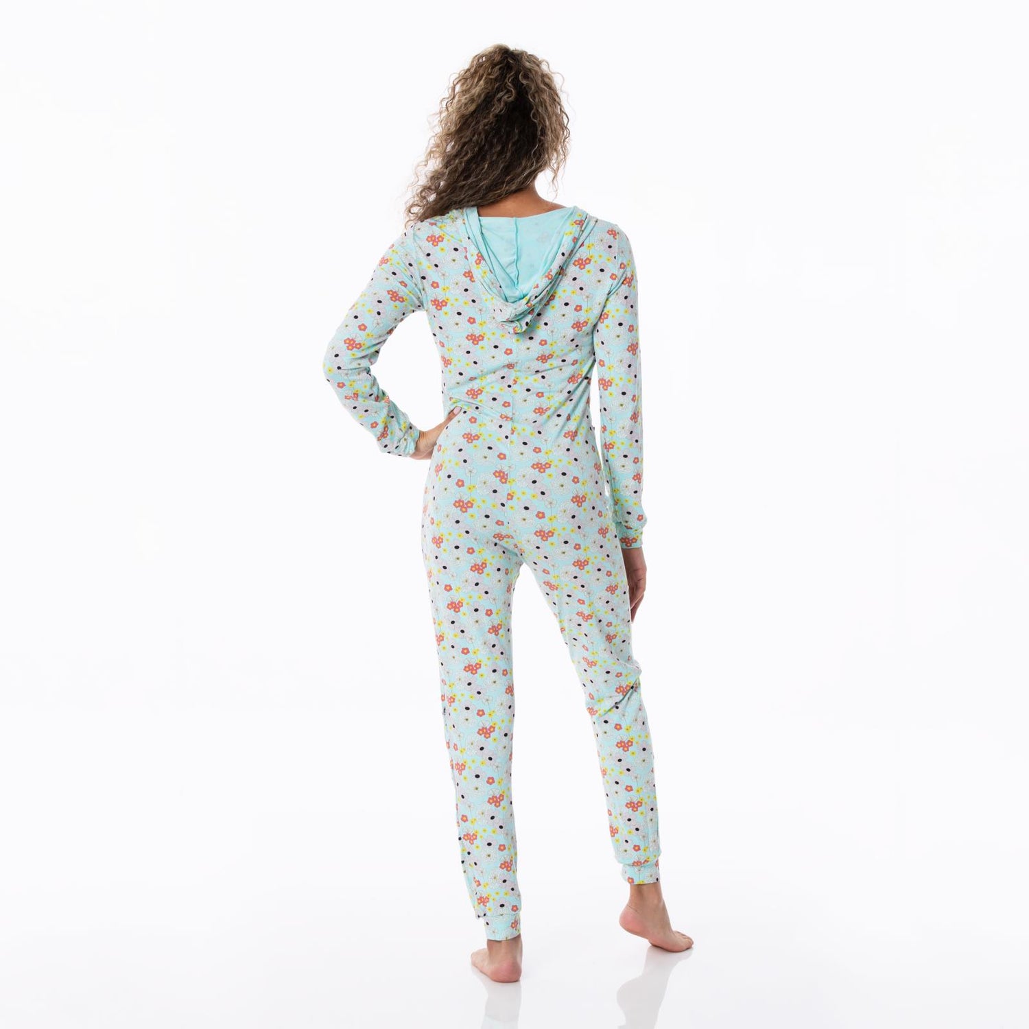 Women's Print Long Sleeve Jumpsuit with Hood in Summer Sky Flower Power