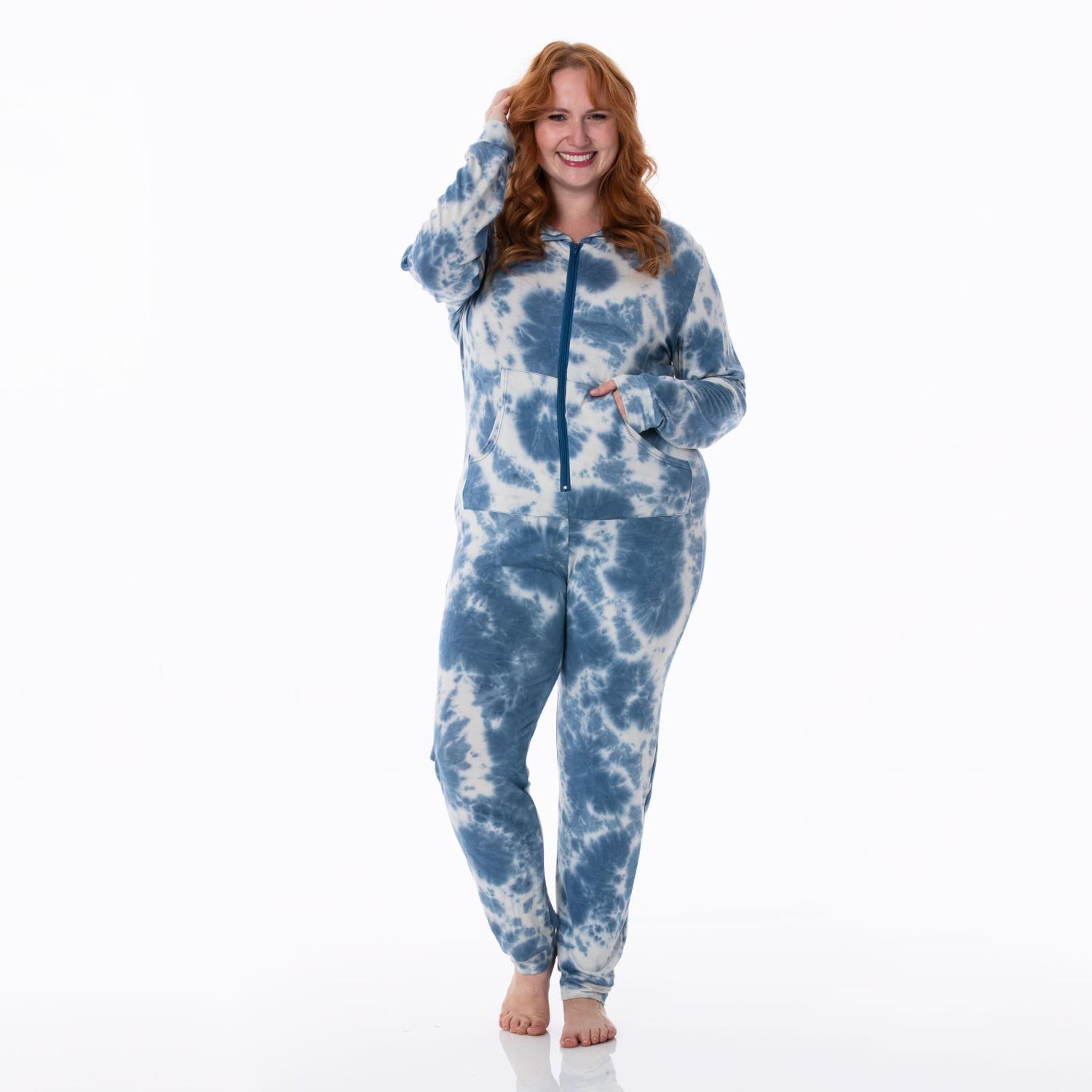 Women's Print Long Sleeve Jumpsuit with Hood in Deep Sea Tie Dye