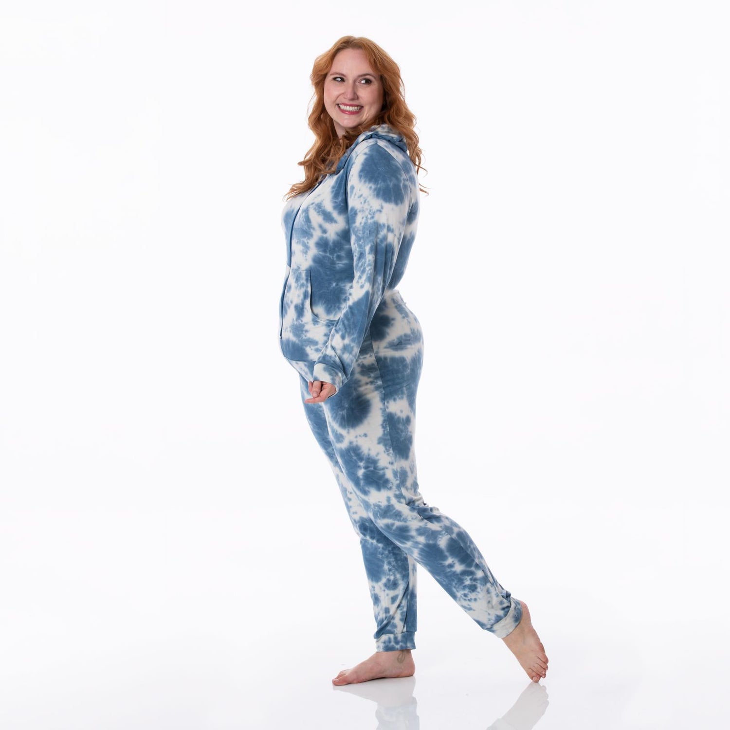 Women's Print Long Sleeve Jumpsuit with Hood in Deep Sea Tie Dye