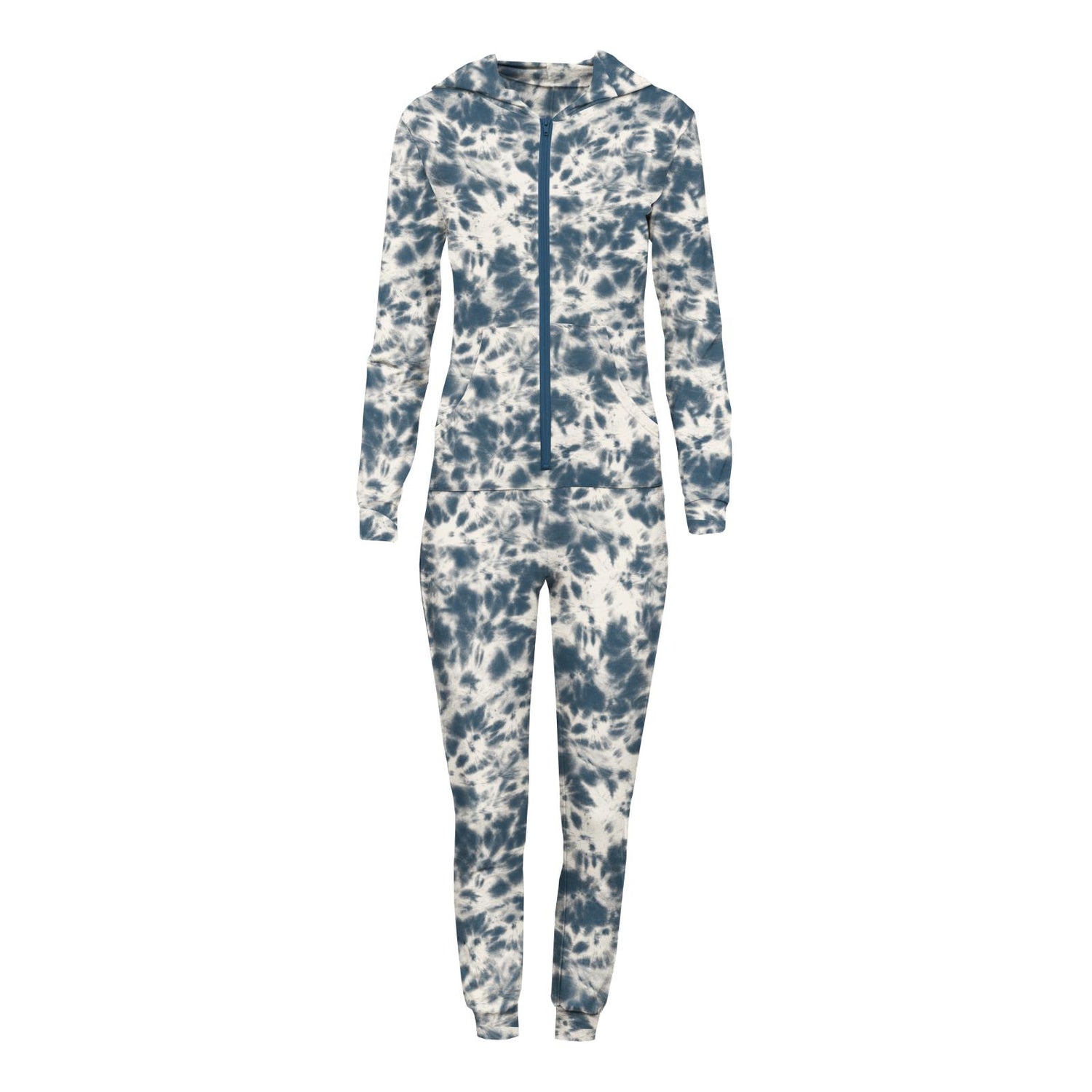 Women's Print Long Sleeve Jumpsuit with Hood in Deep Sea Tie Dye