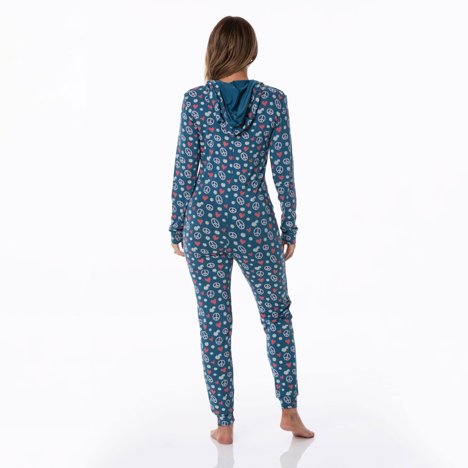 Women's Print Long Sleeve Jumpsuit with Hood in Peace, Love and Happiness