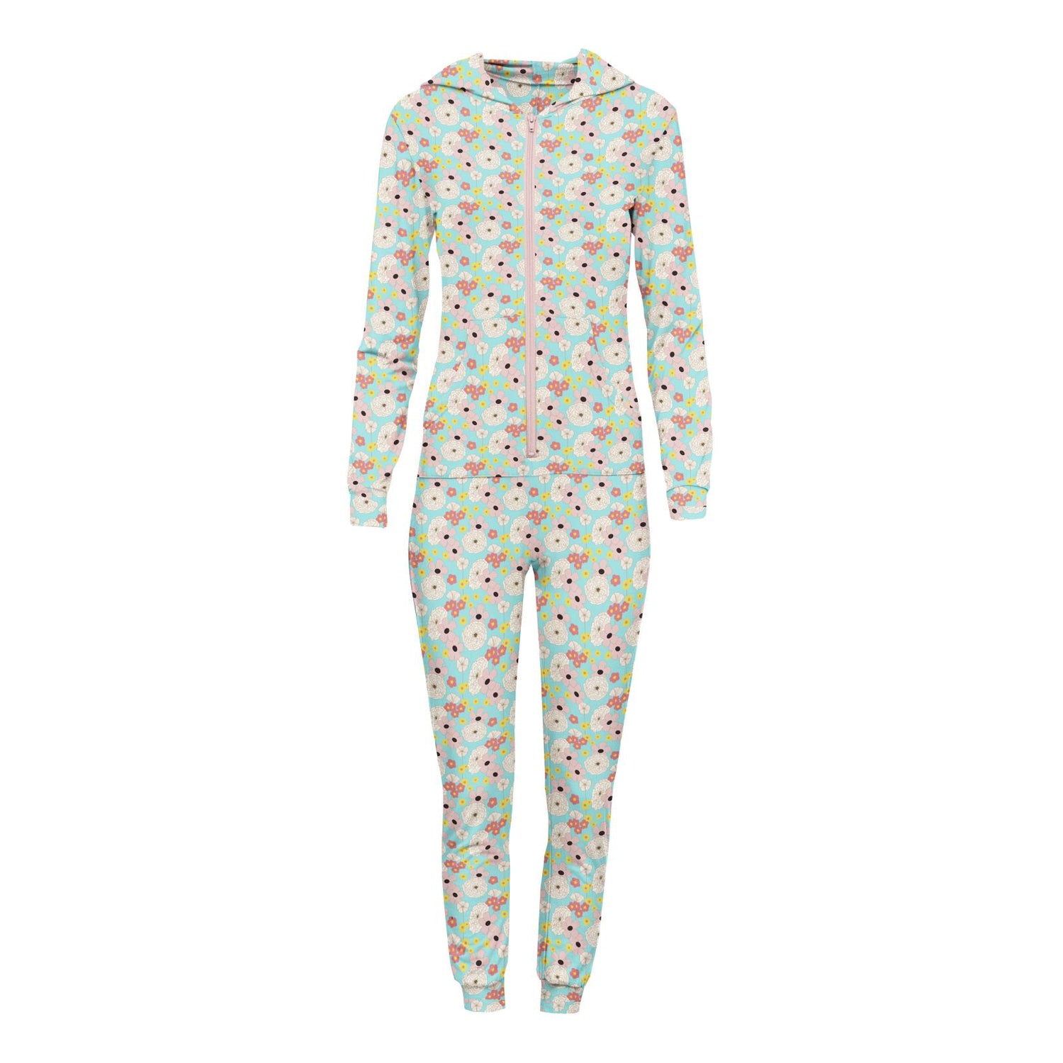 Women's Print Long Sleeve Jumpsuit with Hood in Summer Sky Flower Power