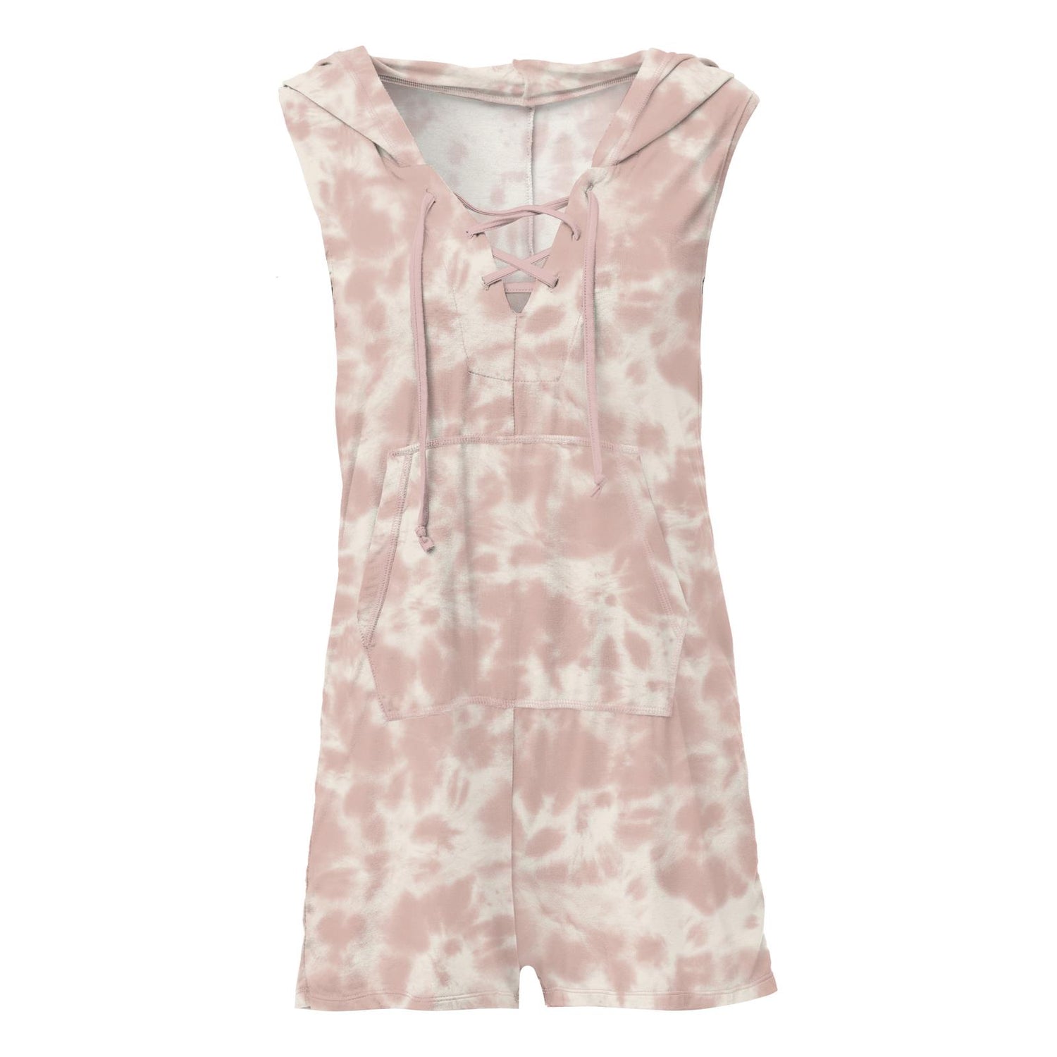 Women's Print Hooded Kangaroo Romper in Baby Rose Tie Dye