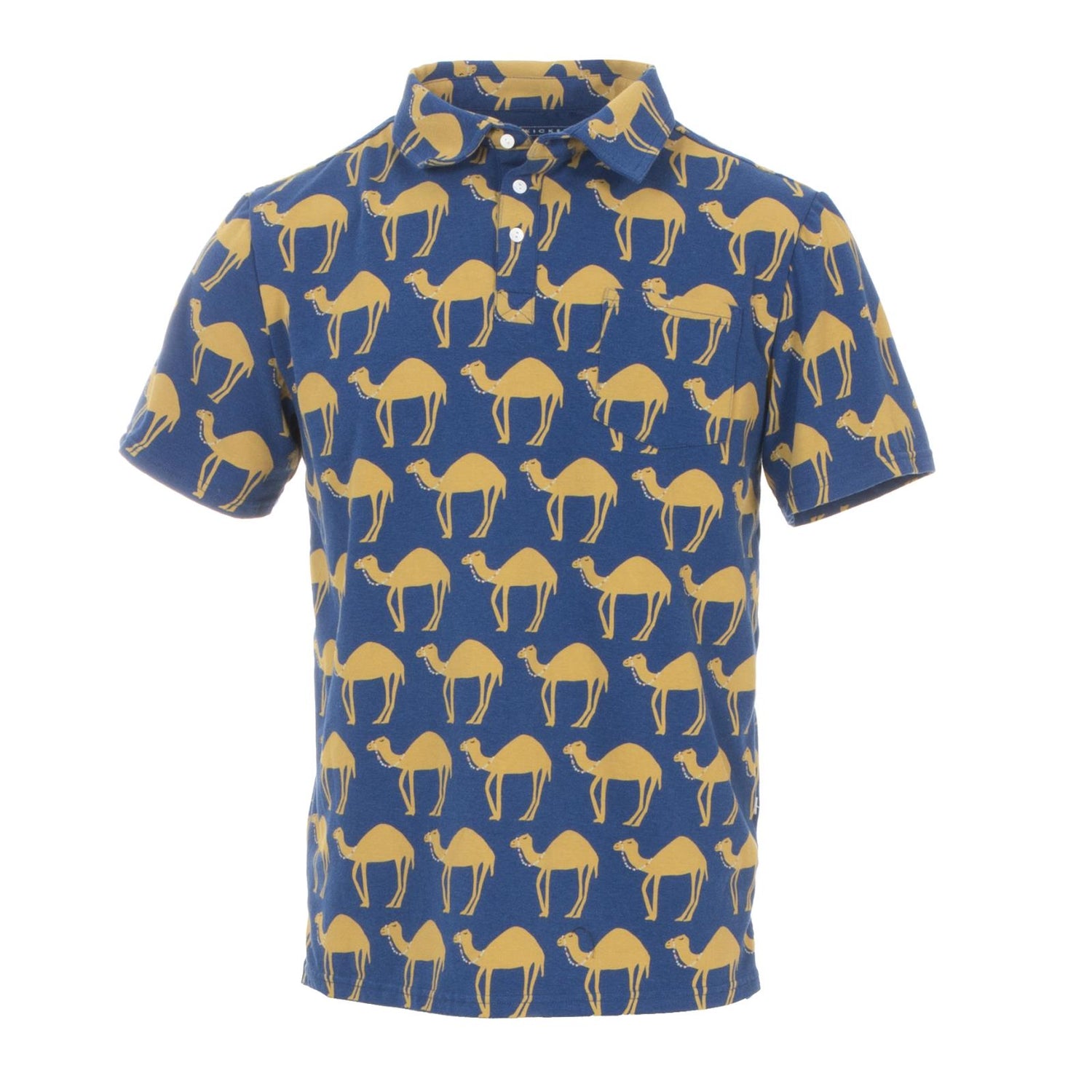 Men's Print Short Sleeve Luxe Jersey Polo with Pocket in Navy Camel