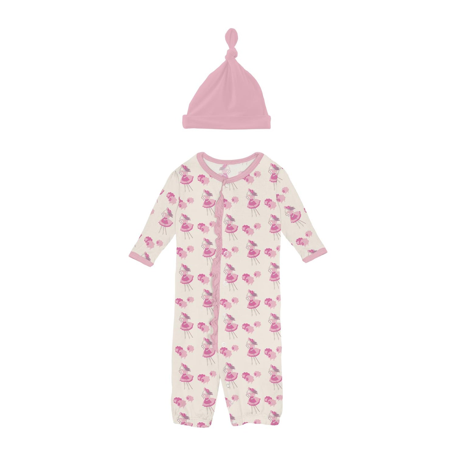 Print Ruffle Layette Gown Converter & Knot Hat Set in Natural Little Bo Peep