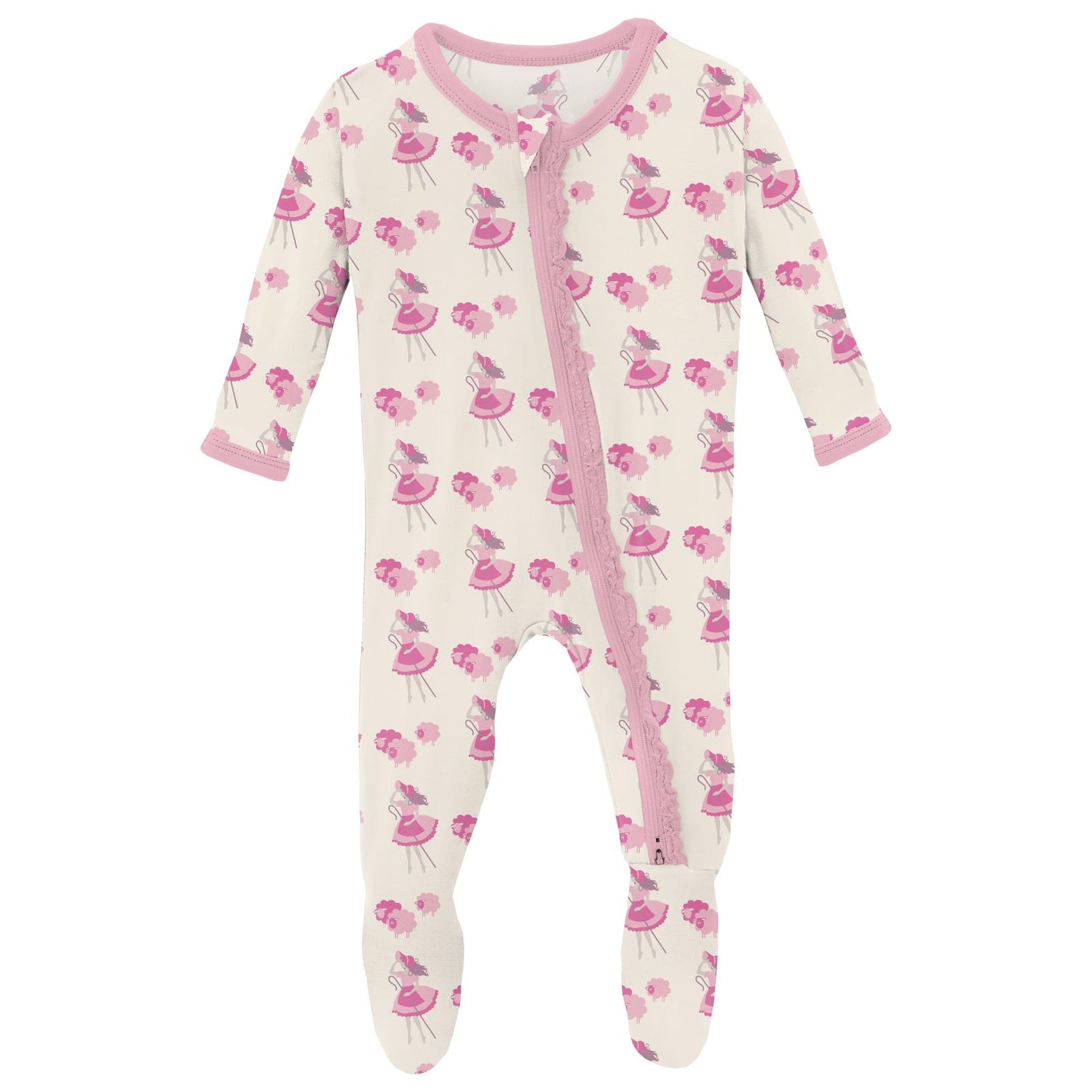 Print Muffin Ruffle Footie with 2 Way Zipper in Natural Little Bo Peep