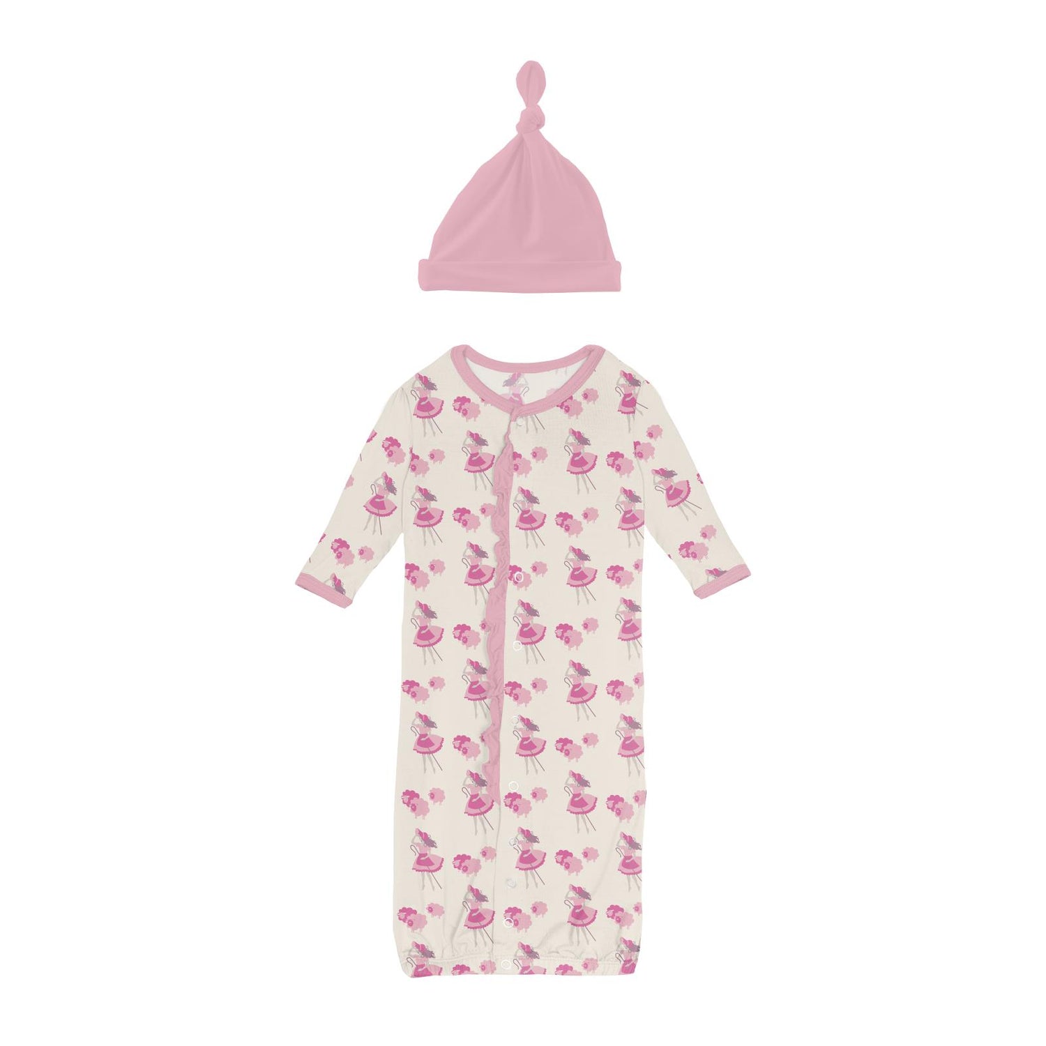 Print Ruffle Layette Gown Converter & Knot Hat Set in Natural Little Bo Peep