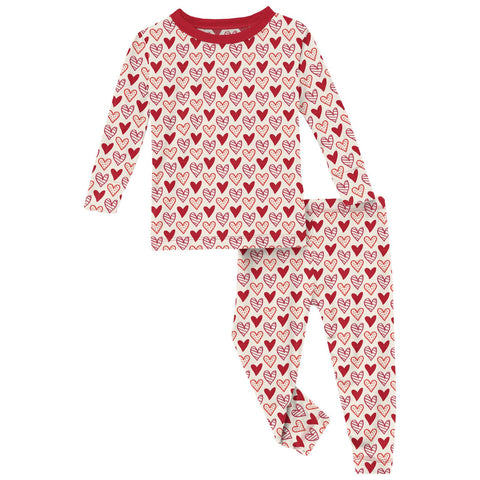 Print Long Sleeve Pajama Set in Natural Heart Doodles