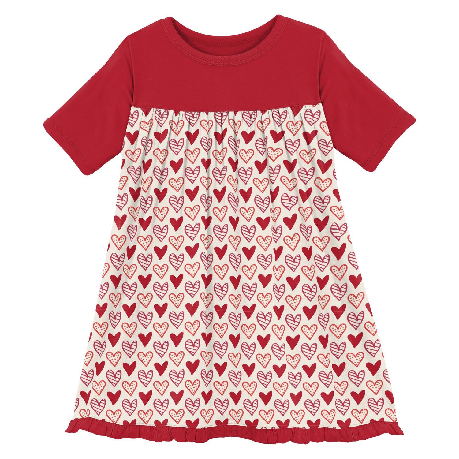 Print Classic Short Sleeve Swing Dress in Natural Heart Doodles