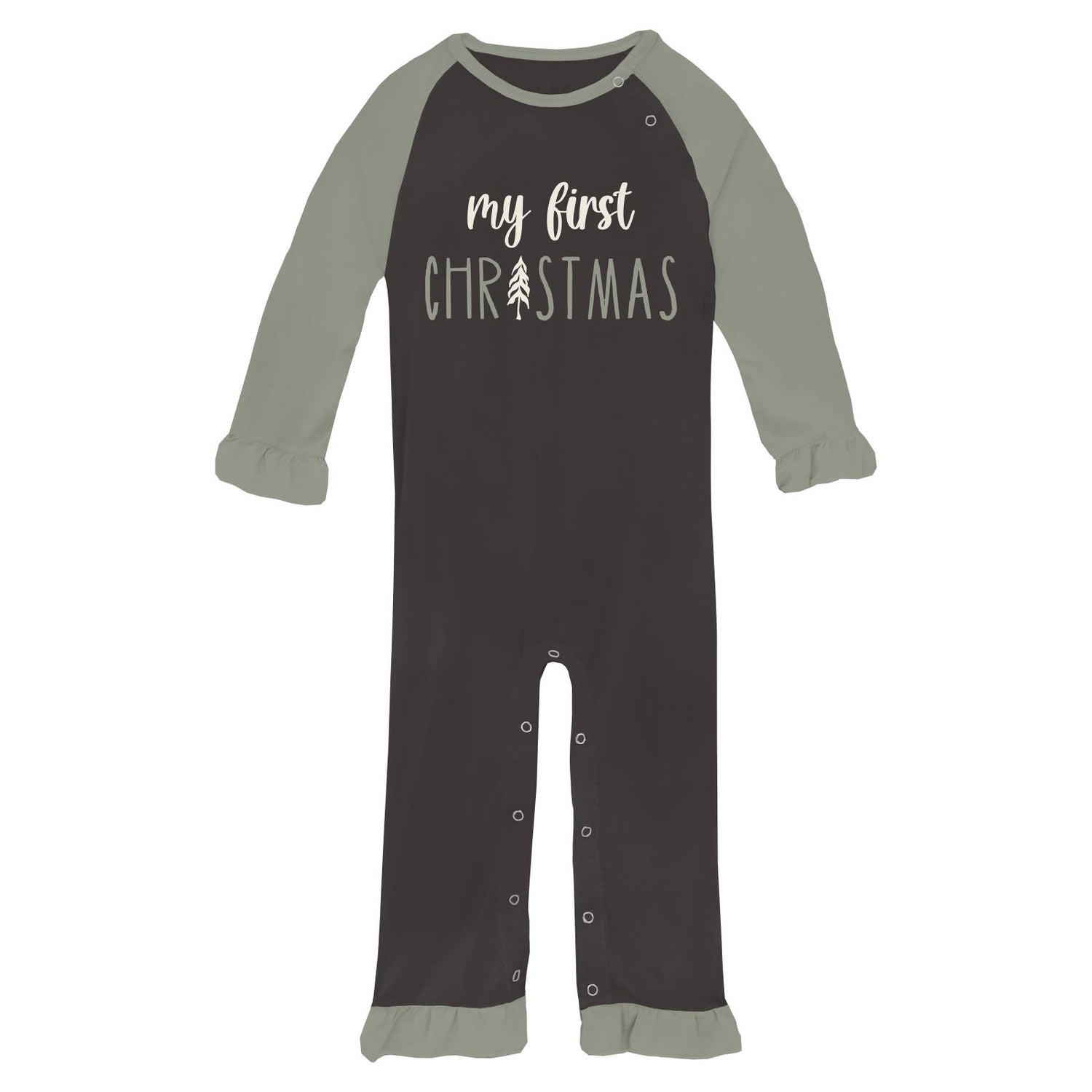 Long Sleeve Graphic Ruffle Raglan Romper in Midnight My First Christmas